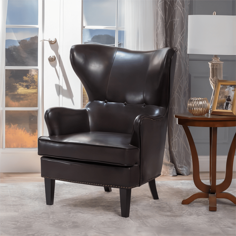 Elegant High Back Chair in Dark Brown PU Leather, Luxurious and Comfortable Design, Dimensions: 31 inches (Length) x 32.75 inches (Width) x 41.25 inches (Height)