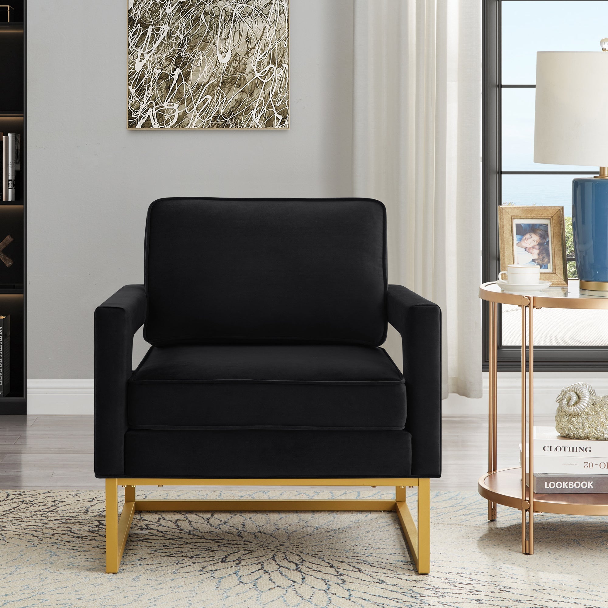 Chic Black Velvet Accent Chair with Golden Metal Base and Open Armrests - Modern Leisure Armchair for Office or Home