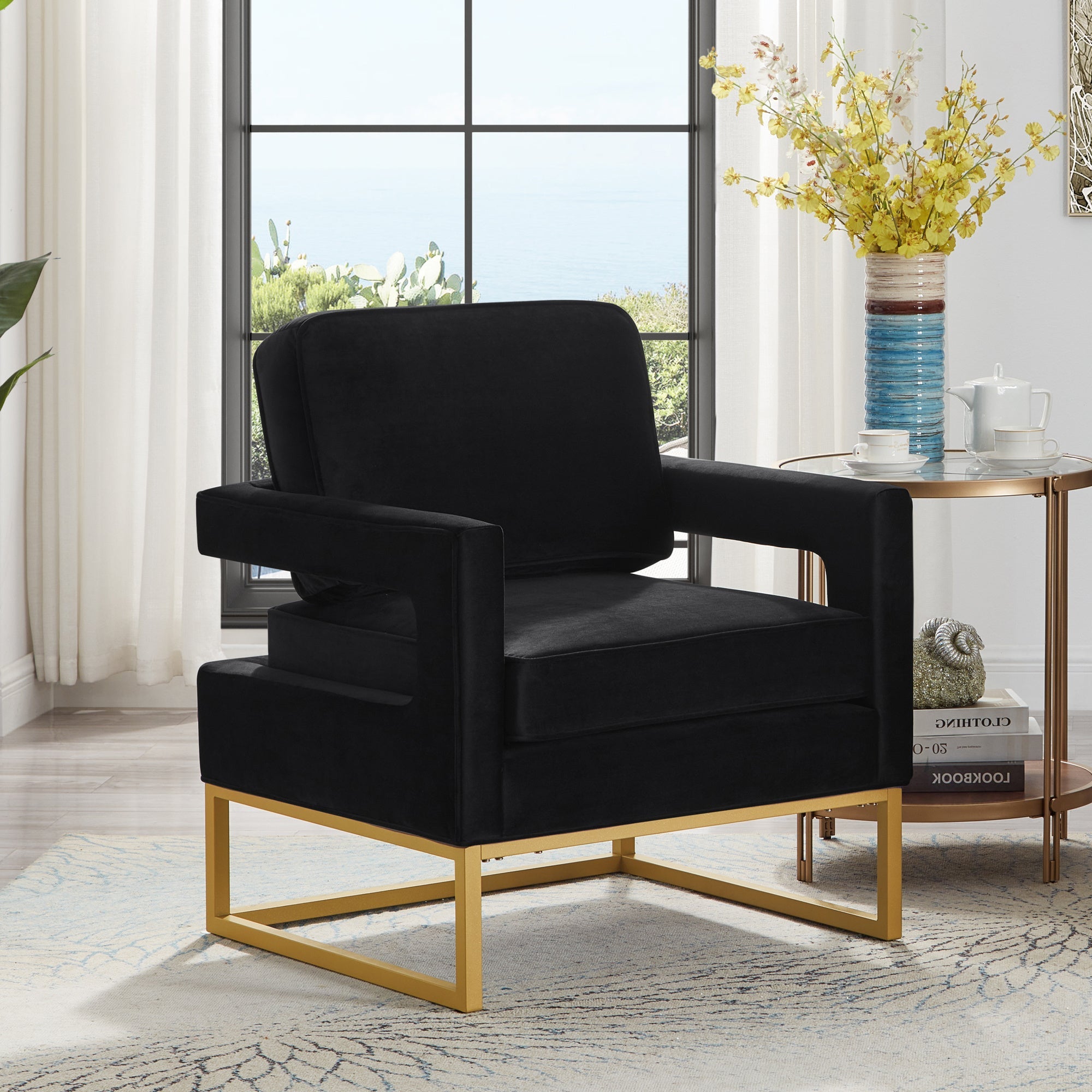 Chic Black Velvet Accent Chair with Golden Metal Base and Open Armrests - Modern Leisure Armchair for Office or Home