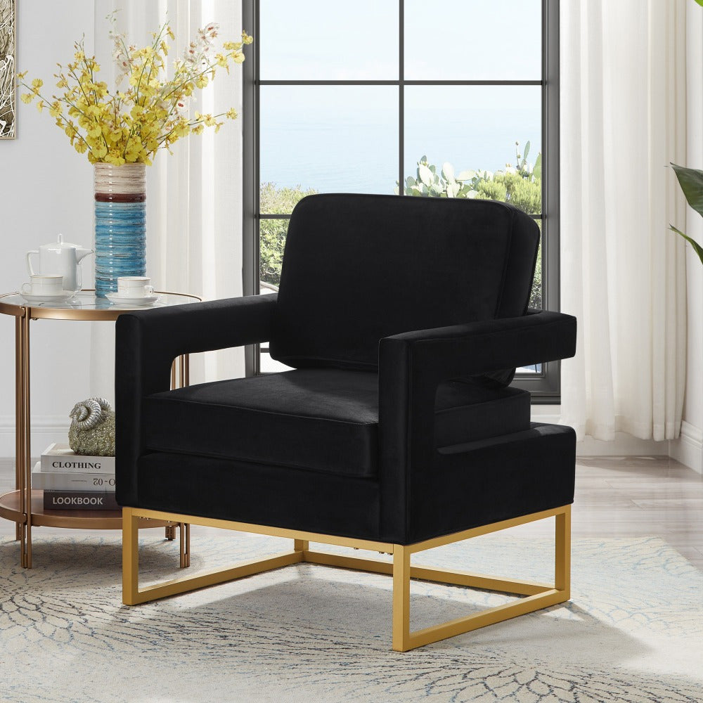 Chic Black Velvet Accent Chair with Golden Metal Base and Open Armrests - Modern Leisure Armchair for Office or Home