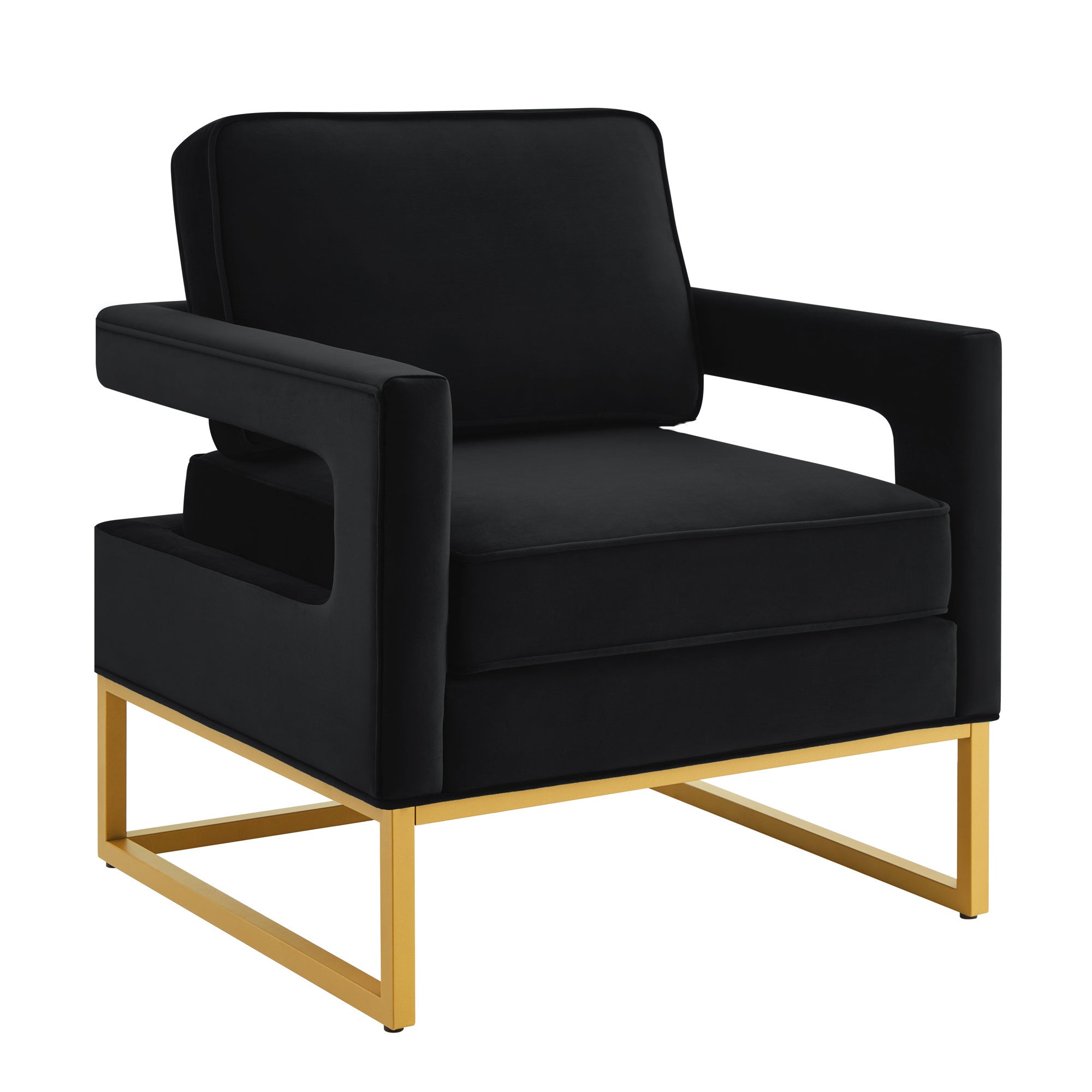 Chic Black Velvet Accent Chair with Golden Metal Base and Open Armrests - Modern Leisure Armchair for Office or Home