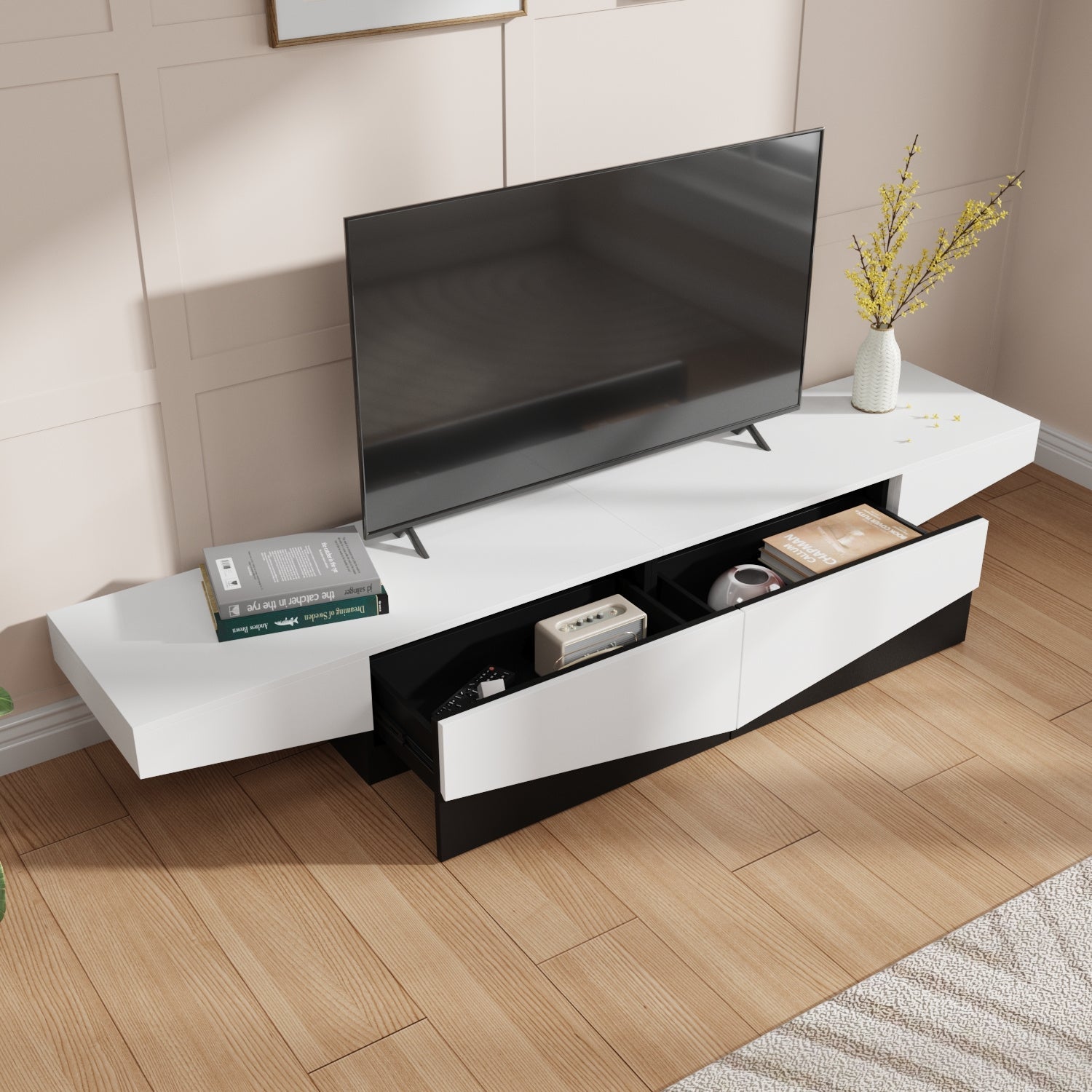 Modern media console TV stand with 2 drawers suitable for living rooms stylish design black and white - Black And White