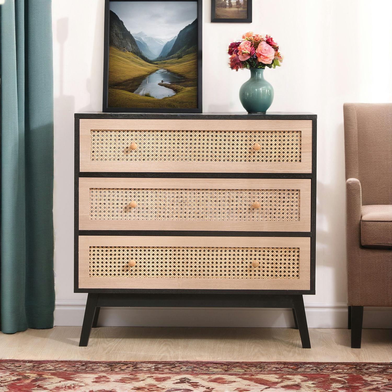 80cm 3 Drawer Rattan Storage Cabinet Rattan Drawer Bedroom Dresser Chest of Drawers Storage Organization Unit