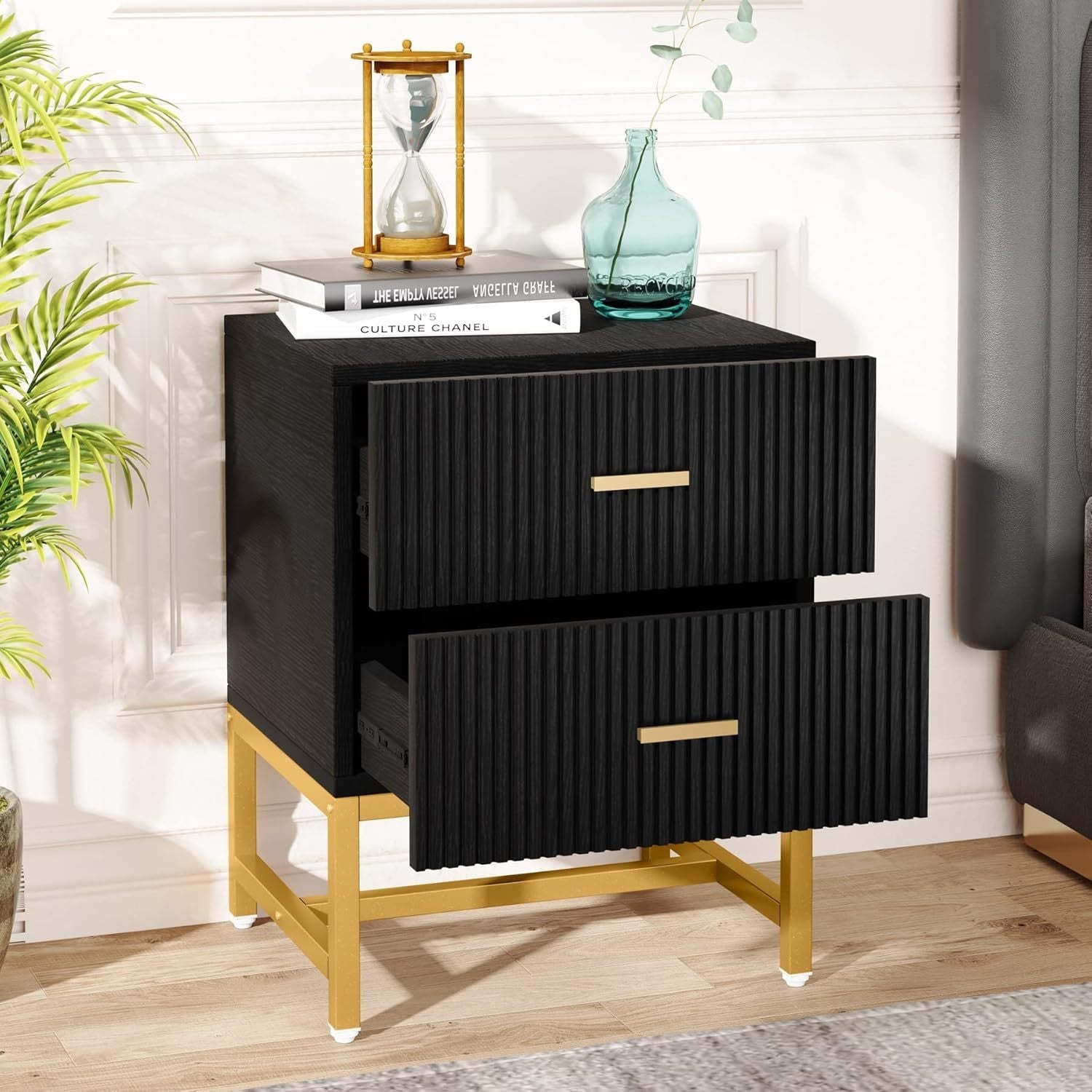 2-Drawer Nightstand, Modern Fluted Night Stands Bed Side Table with Storage, Wood End Table Accent Table for Bedroom, Living Room, Small Spaces, Black