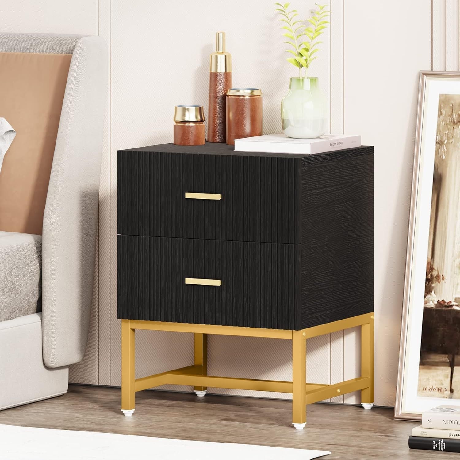 2-Drawer Nightstand, Modern Fluted Night Stands Bed Side Table with Storage, Wood End Table Accent Table for Bedroom, Living Room, Small Spaces, Black