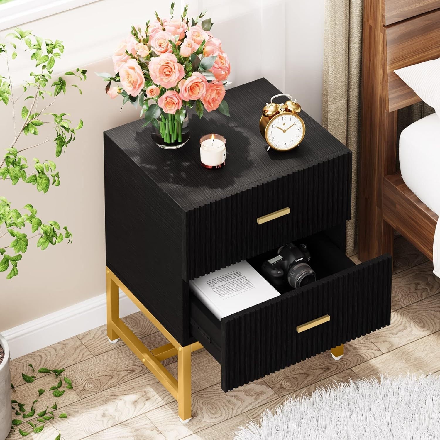 2-Drawer Nightstand, Modern Fluted Night Stands Bed Side Table with Storage, Wood End Table Accent Table for Bedroom, Living Room, Small Spaces, Black