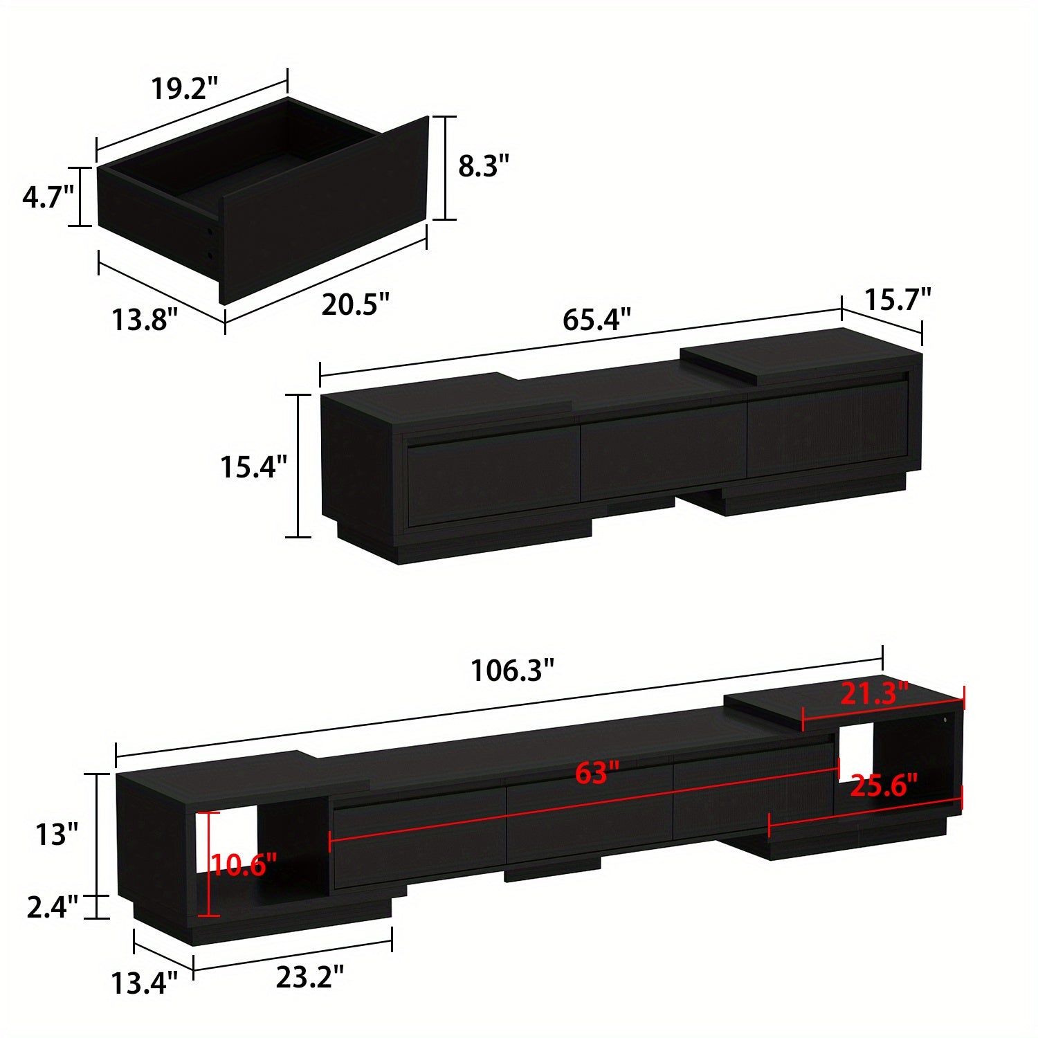 Modern TV stand with 3 drawers, stretchable and expandable TV stand for TVs up to 120 inches, adjustable width wooden gaming and entertainment center media stand