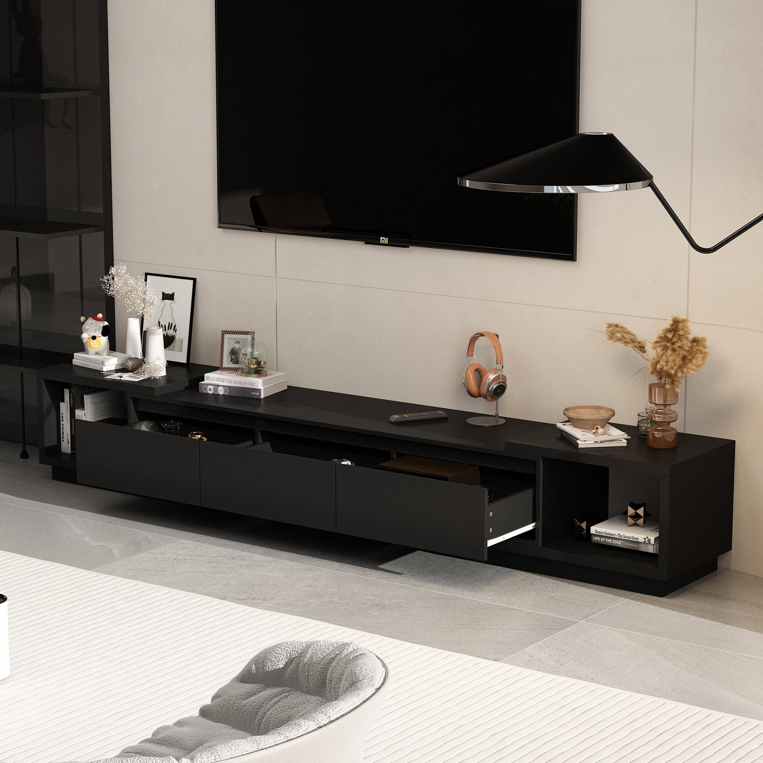 Modern TV stand with 3 drawers, stretchable and expandable TV stand for TVs up to 120 inches, adjustable width wooden gaming and entertainment center media stand