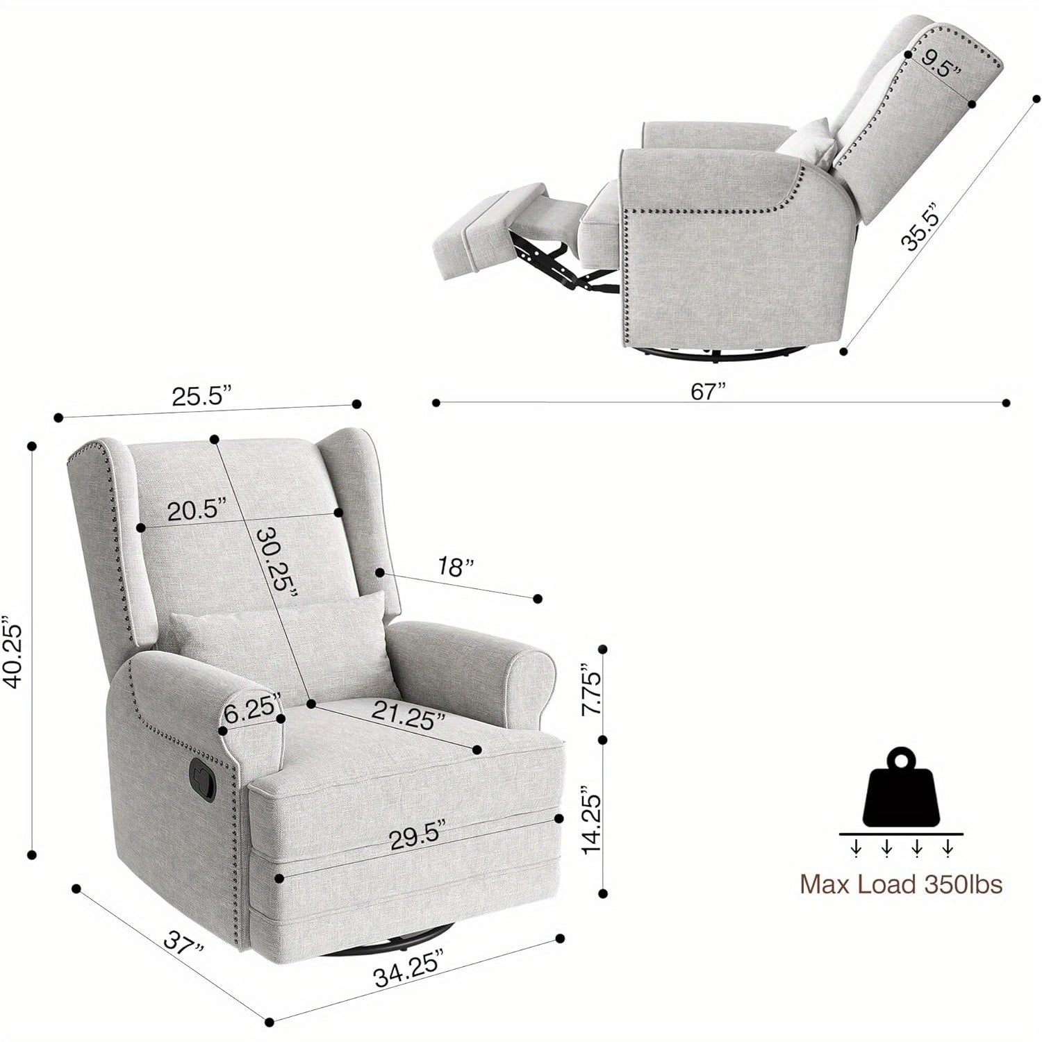 Swivel Recliner Chair with Extra Large Footrest, Comfy Upholstered Glider Rocking Chair for Living room, Bedroom and Ofice