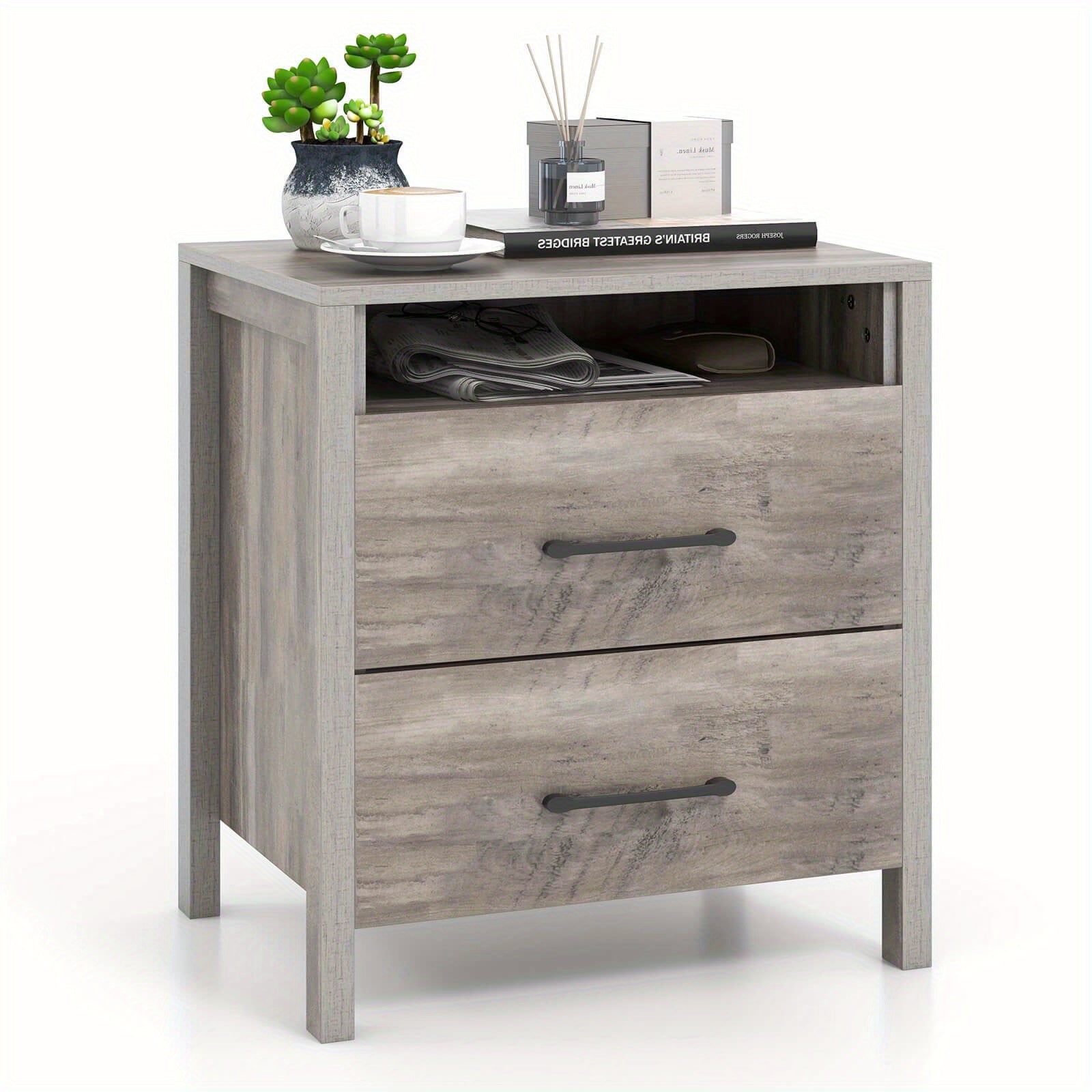 Nightstand with 2 Drawers Farmhouse Bed Side Table with Open Storage Shelf