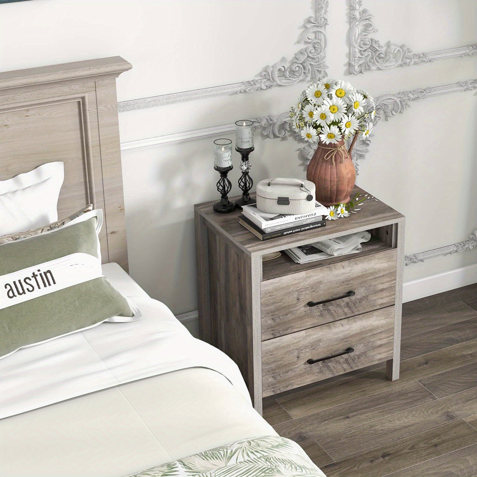 Nightstand with 2 Drawers Farmhouse Bed Side Table with Open Storage Shelf