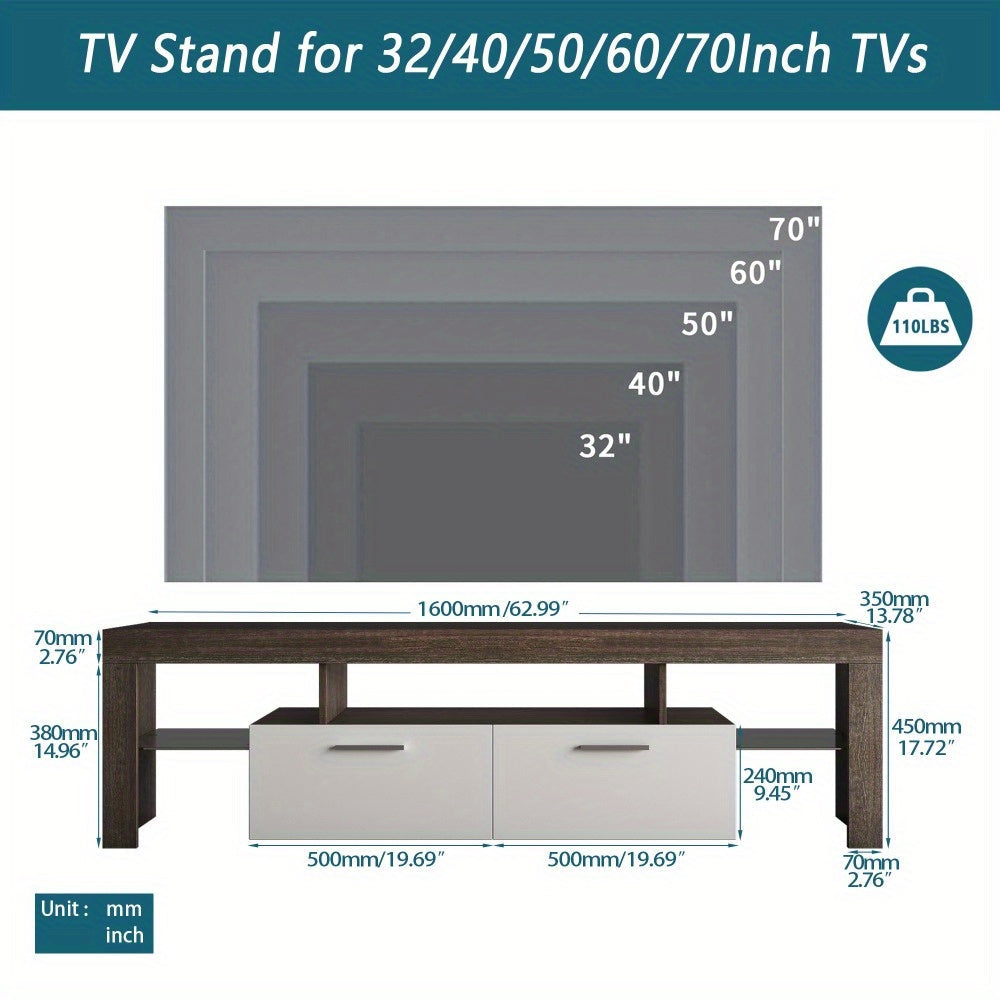 20 minutes quick assembly brown TV stand with the toughened glass shelf Floor cabinet Floor TV wall cabinet Brown + whiteTV bracket with LED Color Changing Lights for Living Room