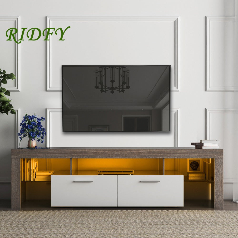 20 minutes quick assembly brown TV stand with the toughened glass shelf Floor cabinet Floor TV wall cabinet Brown + whiteTV bracket with LED Color Changing Lights for Living Room