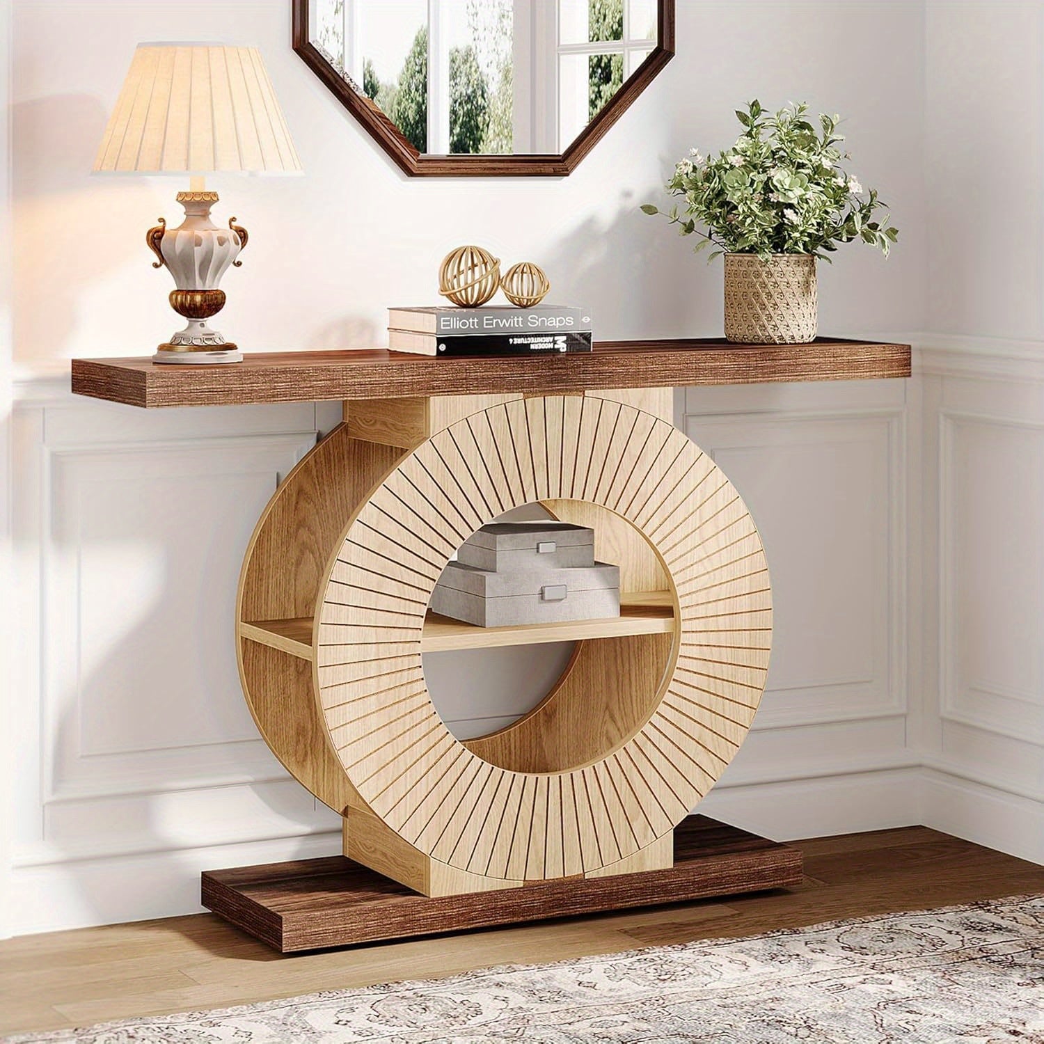 Entryway Table with Storage, Wood Console Table for Living Room Entryway, 39.3-Inch Sofa Table Small Accent Hallway Table with Shelves and Circle Base