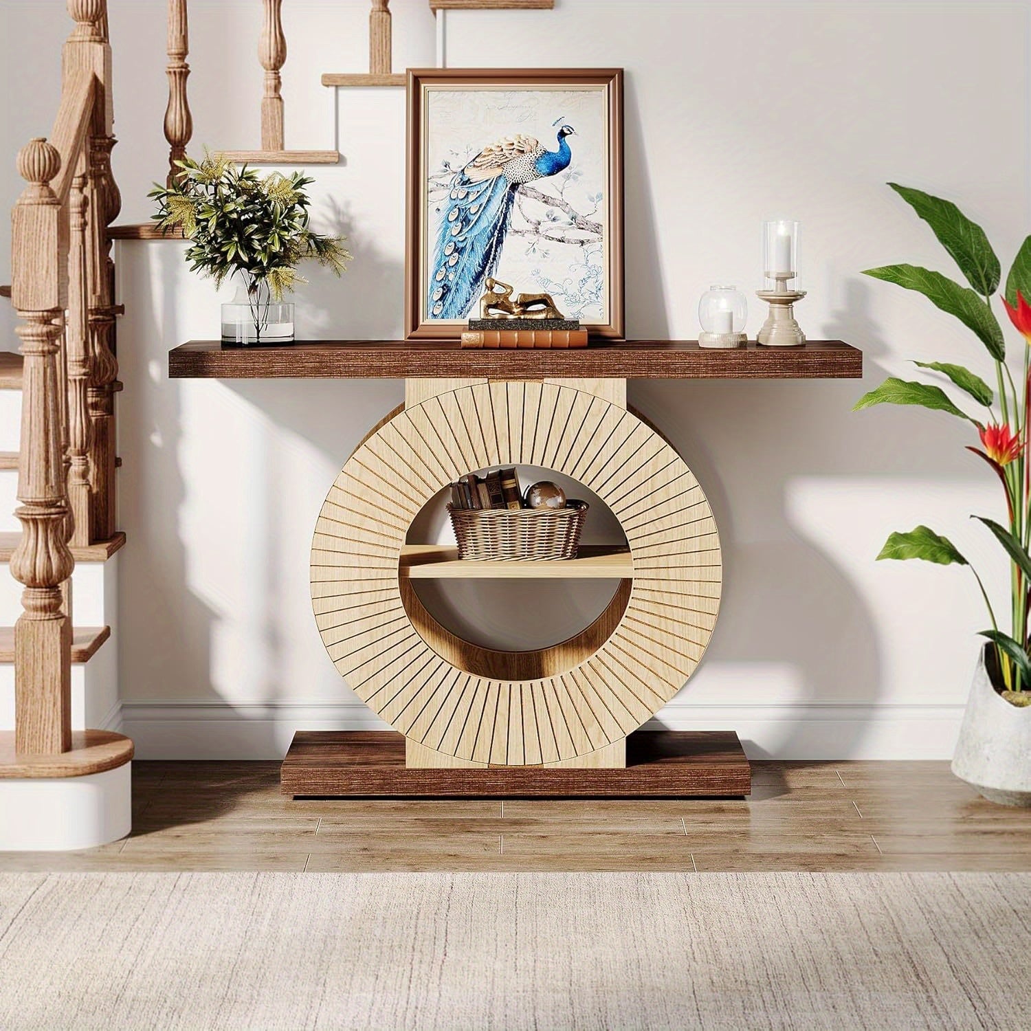 Entryway Table with Storage, Wood Console Table for Living Room Entryway, 39.3-Inch Sofa Table Small Accent Hallway Table with Shelves and Circle Base