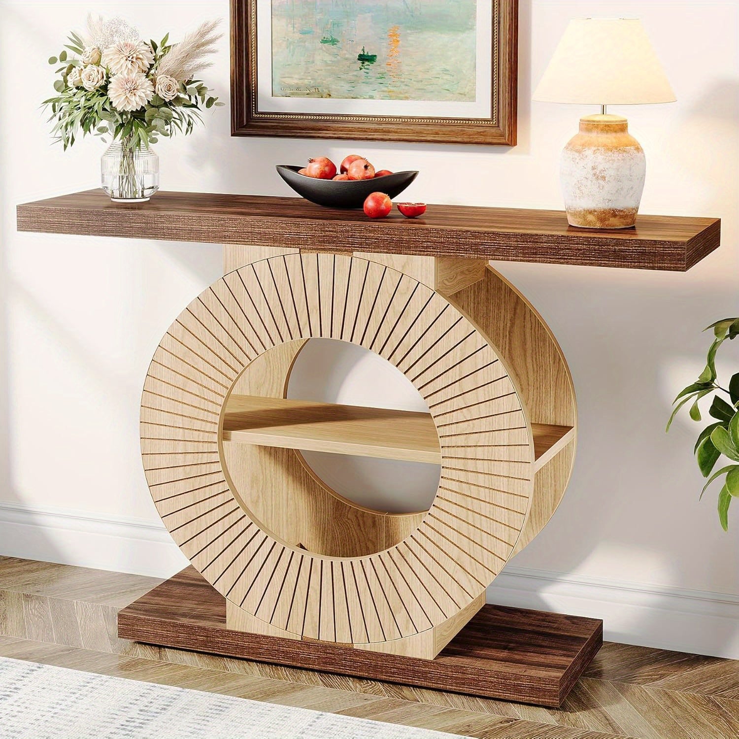 Entryway Table with Storage, Wood Console Table for Living Room Entryway, 39.3-Inch Sofa Table Small Accent Hallway Table with Shelves and Circle Base