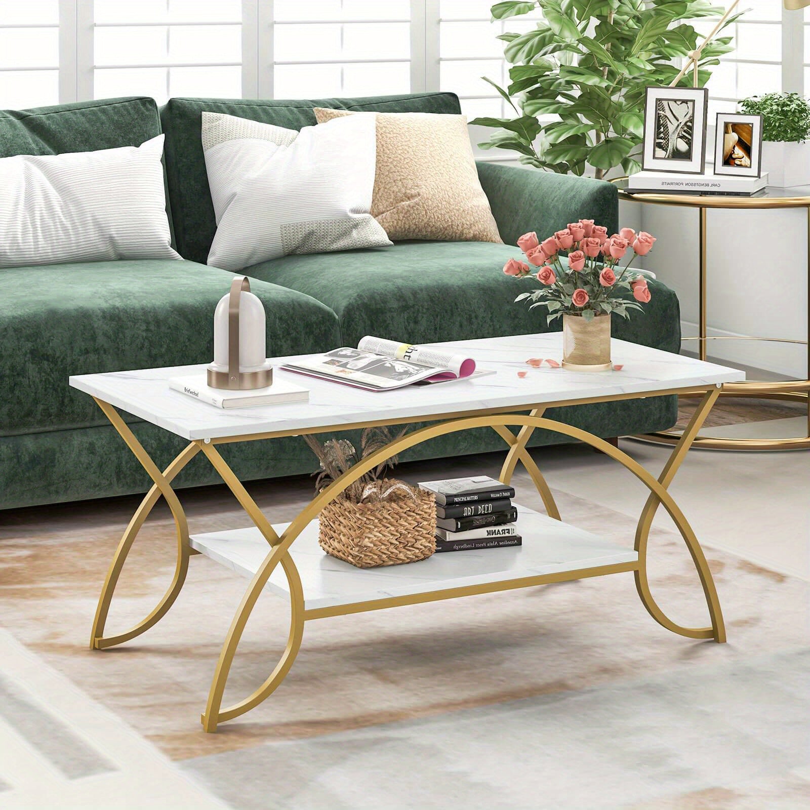 Coffee Table Modern Marble 2-Tier Coffee Table Golden Rectangle for Living Room