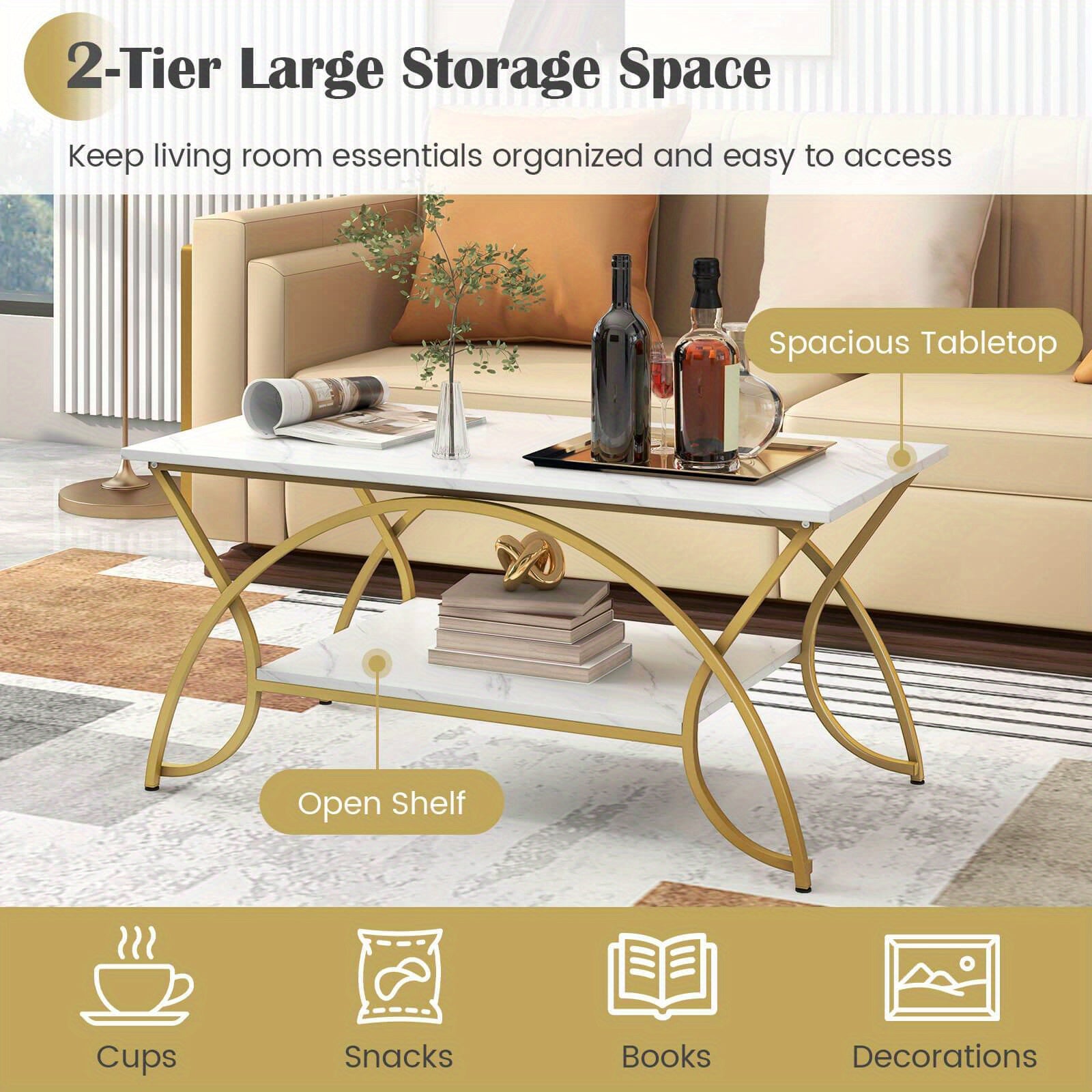 Coffee Table Modern Marble 2-Tier Coffee Table Golden Rectangle for Living Room