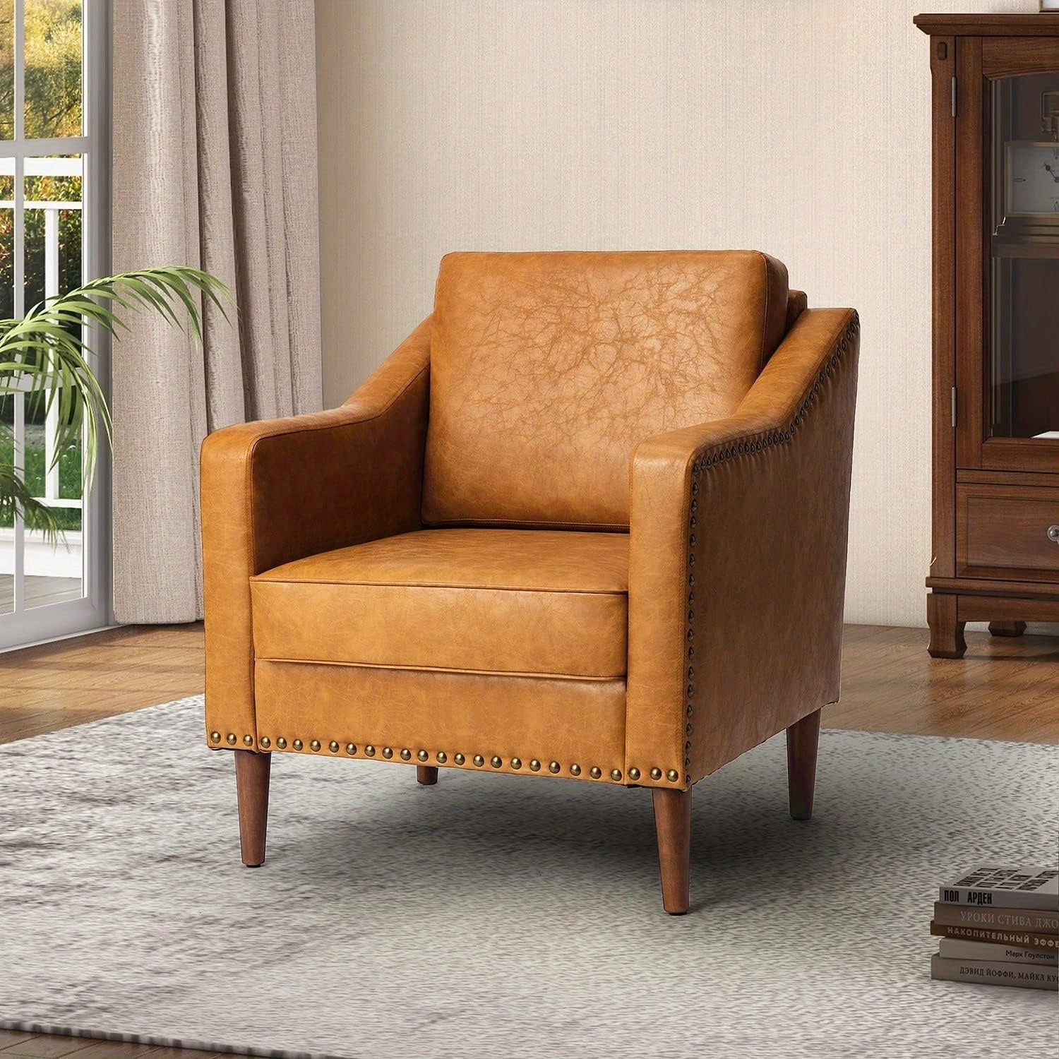 Faux Leather Accent Armchair with Back & Seat Cushions, Traditional Club Chair with Nailhead Trim, Comfy Upholstered Sofa Chair for Living Room Bedroom, Camel