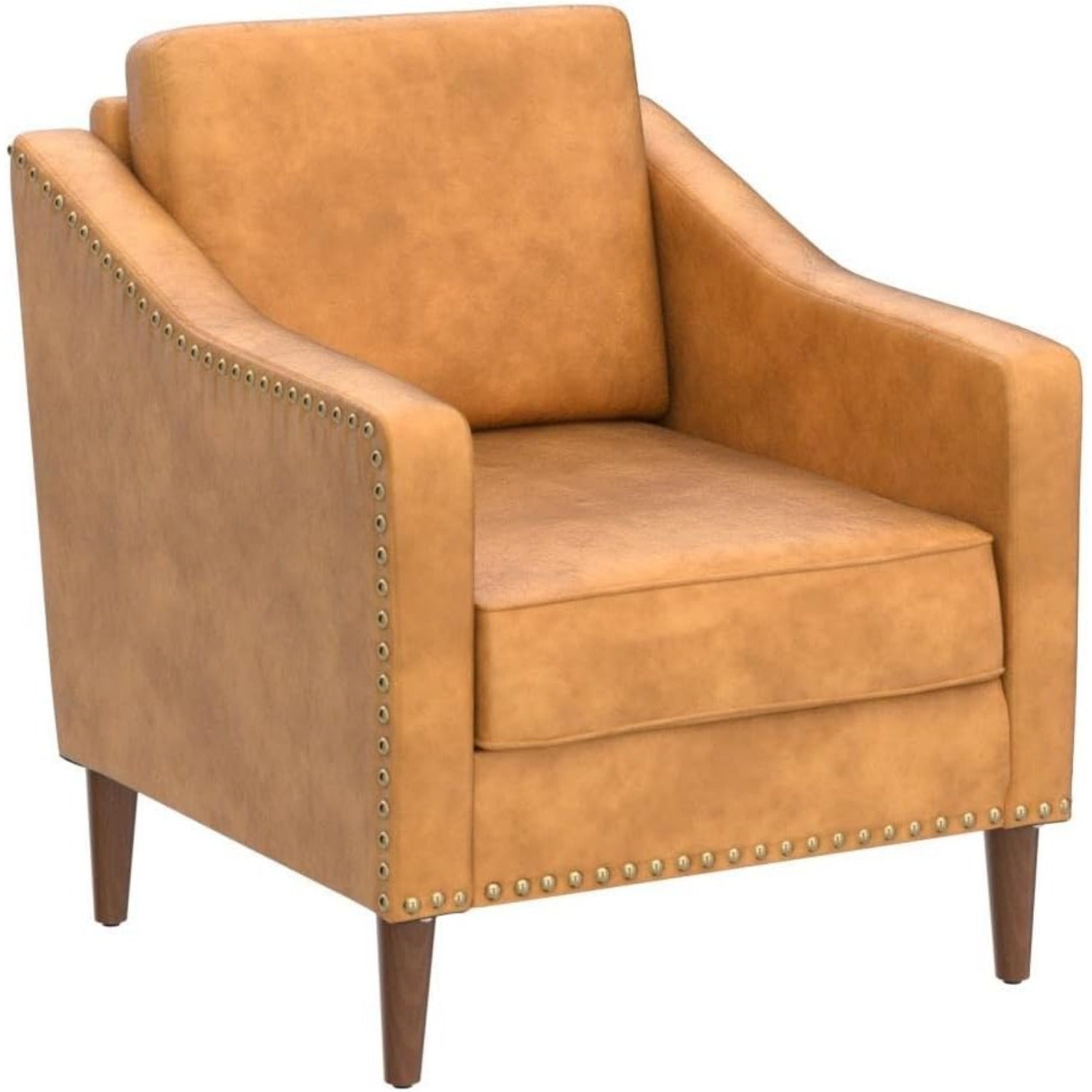 Faux Leather Accent Armchair with Back & Seat Cushions, Traditional Club Chair with Nailhead Trim, Comfy Upholstered Sofa Chair for Living Room Bedroom, Camel