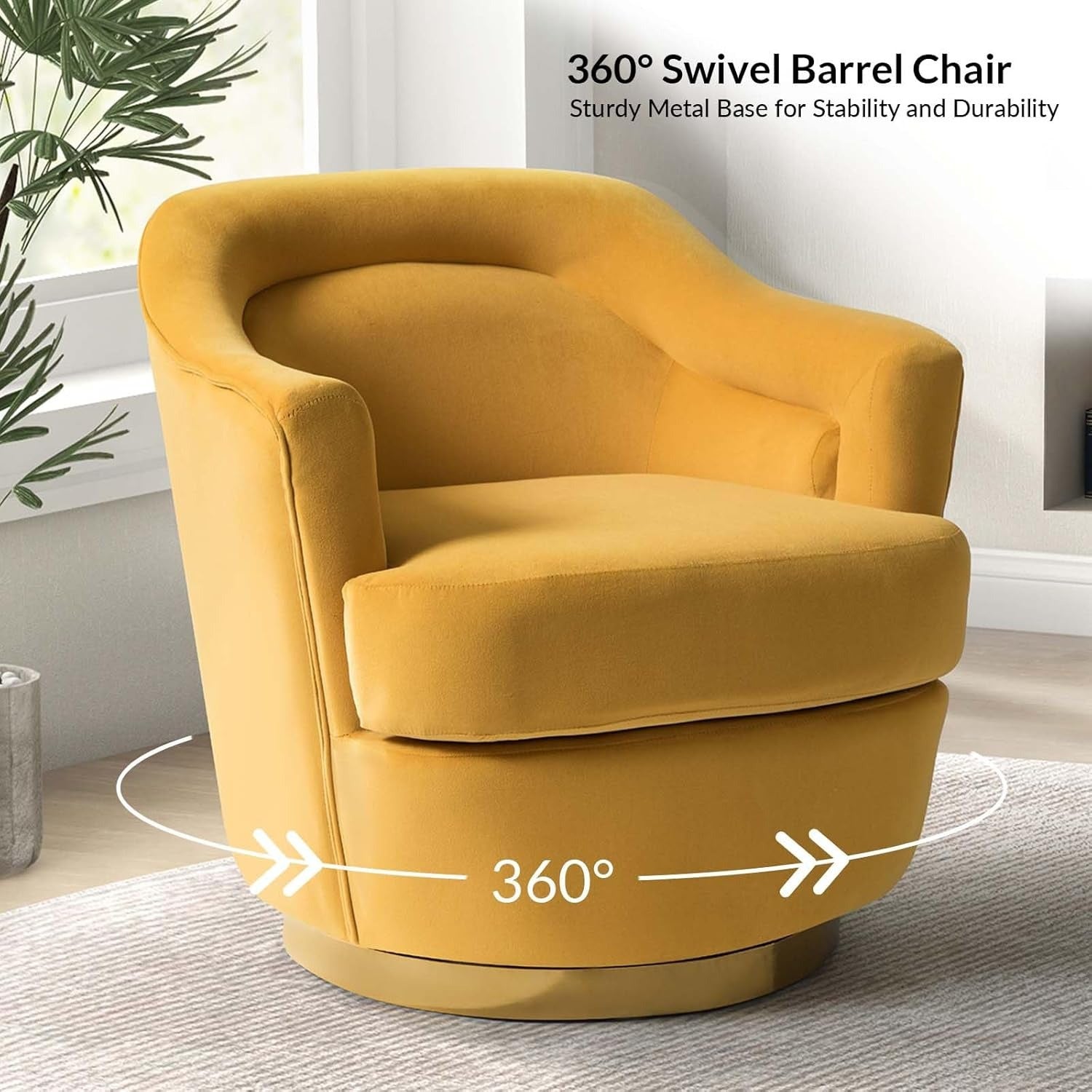 Swivel Barrel Chair, Modern Round Accent Chair w/ Removable Cushion, Armchairs Upholstered Comfy 360 Degree Swivel Single Circle Club Sofa Chair for Living Room Bedroom, Mustard