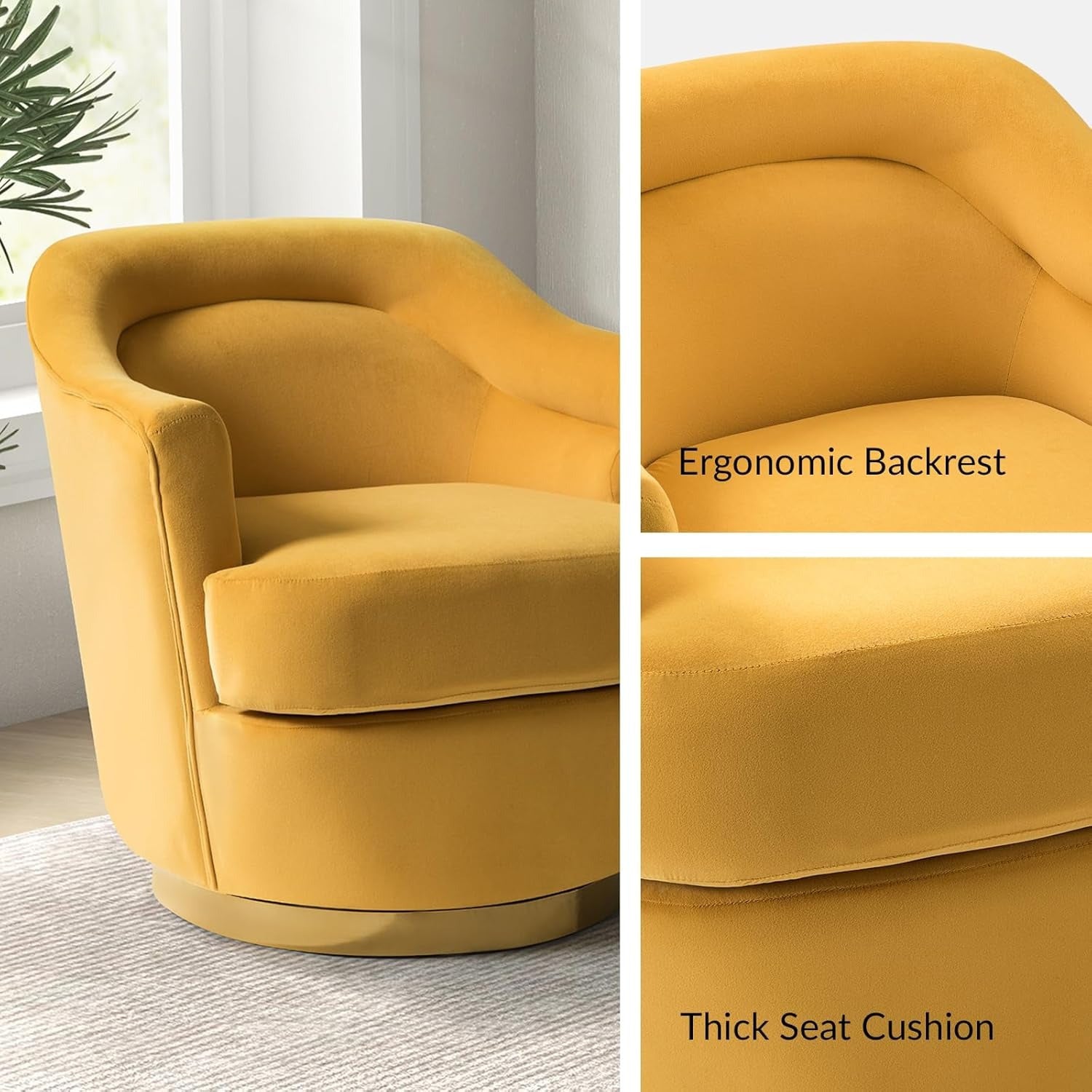 Swivel Barrel Chair, Modern Round Accent Chair w/ Removable Cushion, Armchairs Upholstered Comfy 360 Degree Swivel Single Circle Club Sofa Chair for Living Room Bedroom, Mustard