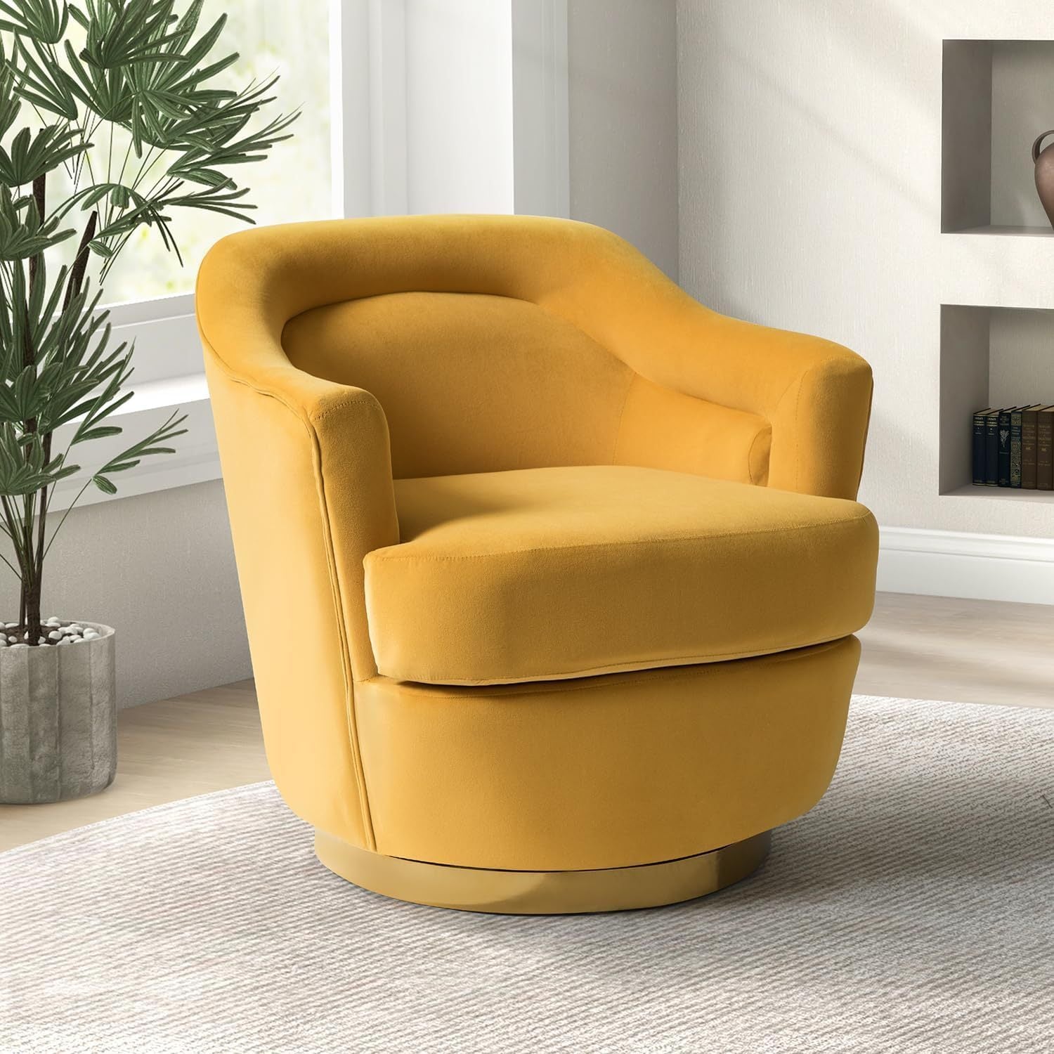 Swivel Barrel Chair, Modern Round Accent Chair w/ Removable Cushion, Armchairs Upholstered Comfy 360 Degree Swivel Single Circle Club Sofa Chair for Living Room Bedroom, Mustard