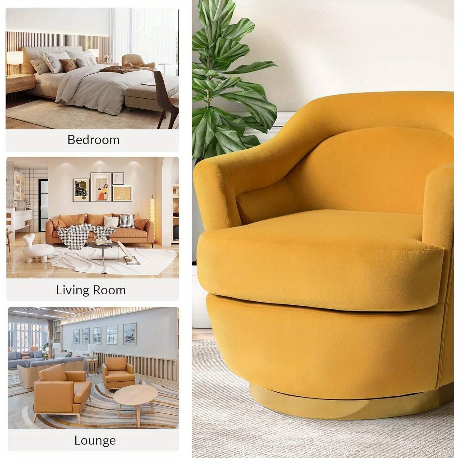 Swivel Barrel Chair, Modern Round Accent Chair w/ Removable Cushion, Armchairs Upholstered Comfy 360 Degree Swivel Single Circle Club Sofa Chair for Living Room Bedroom, Mustard