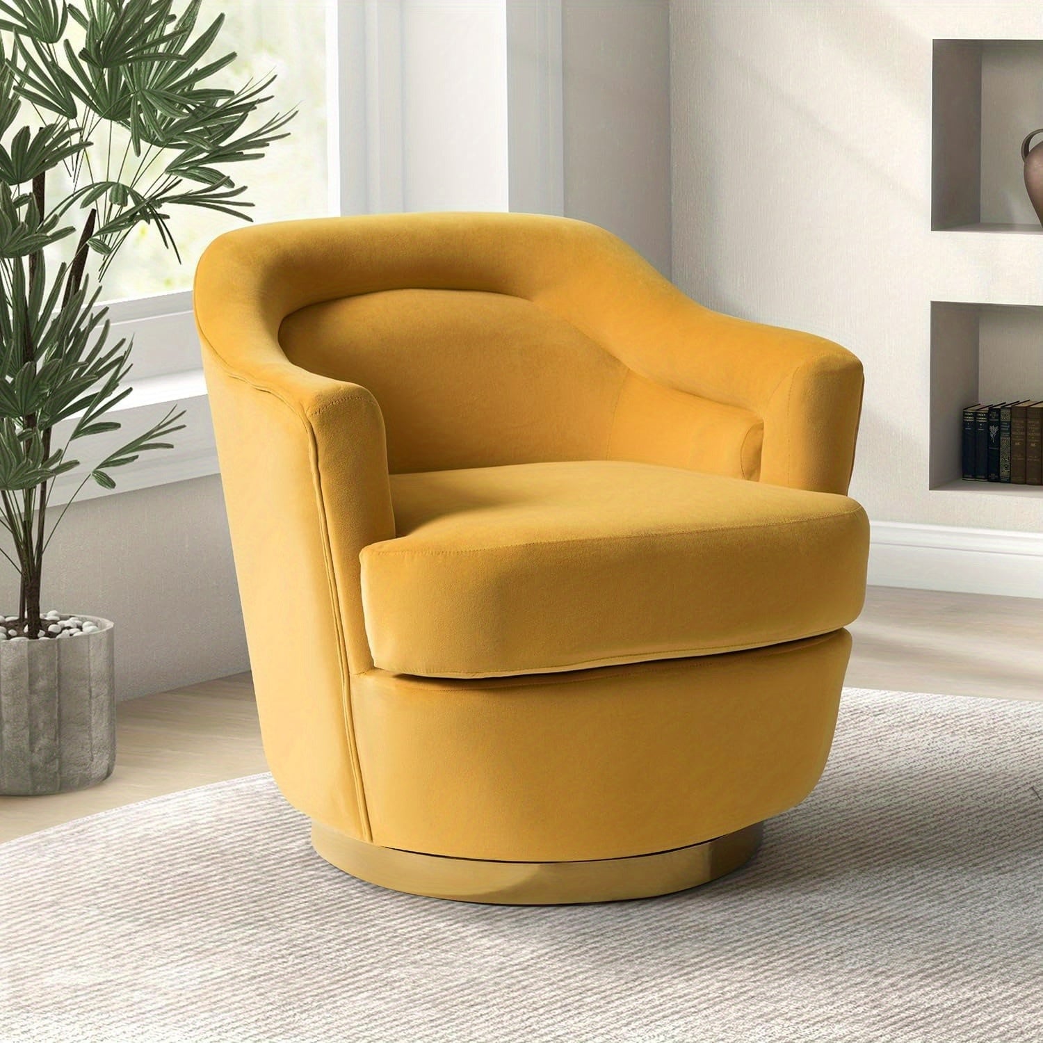 Swivel Barrel Chair, Modern Round Accent Chair w/ Removable Cushion, Armchairs Upholstered Comfy 360 Degree Swivel Single Circle Club Sofa Chair for Living Room Bedroom, Mustard