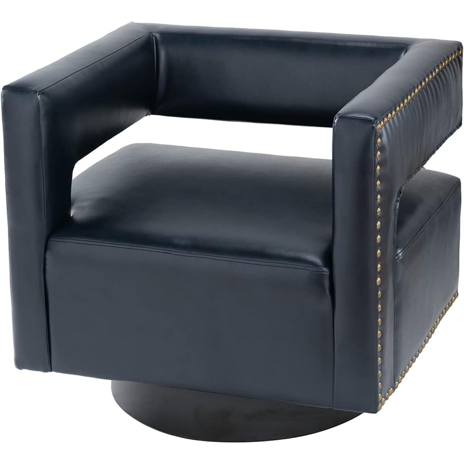 Swivel Accent Barrel Chair, Modern Faux Leather Swivel Accent Barrel Chair with 3D Open Back & Metal Base, 360 Degree Swivel Faux Leather Club Chair for Customer Reception, Living Room, Navy