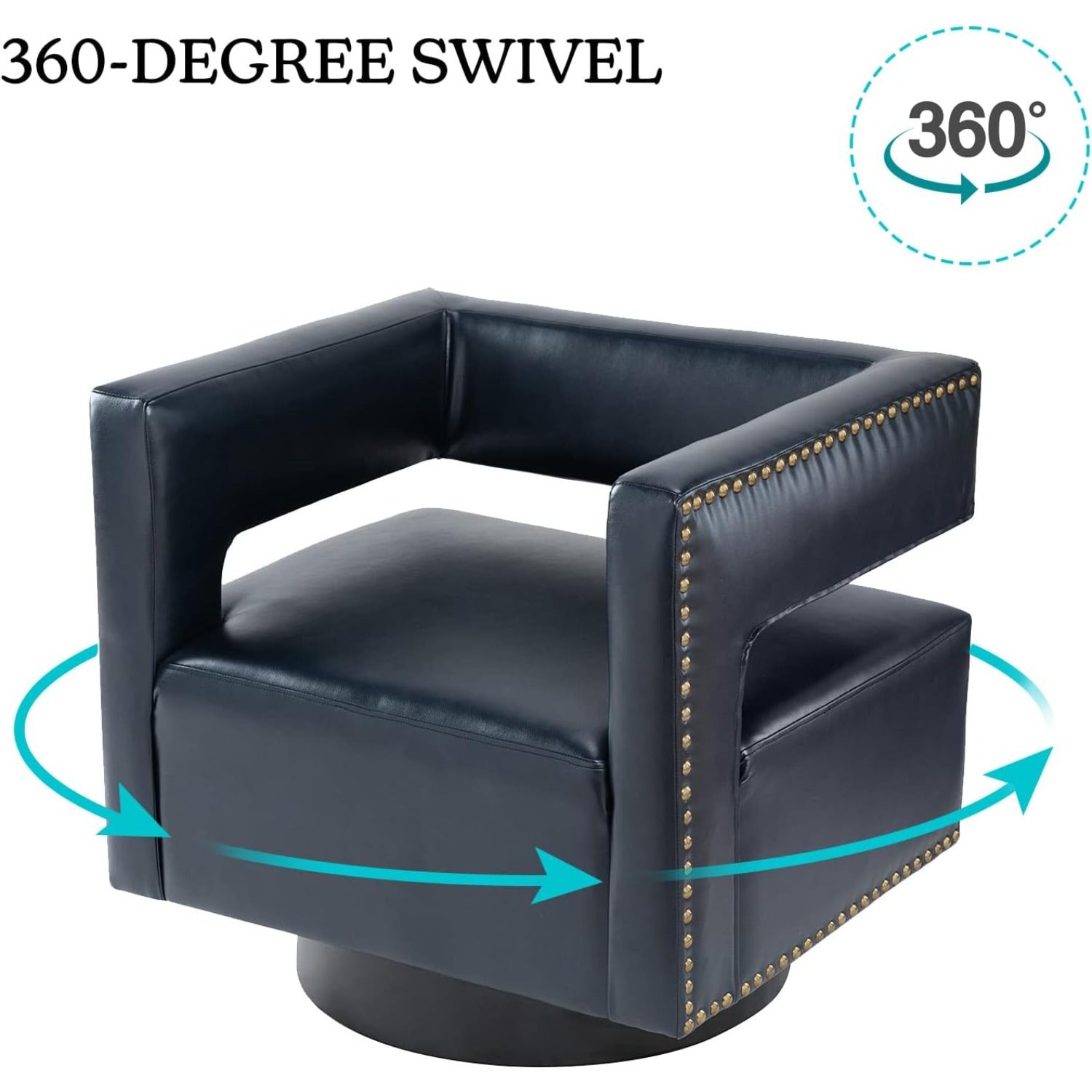 Swivel Accent Barrel Chair, Modern Faux Leather Swivel Accent Barrel Chair with 3D Open Back & Metal Base, 360 Degree Swivel Faux Leather Club Chair for Customer Reception, Living Room, Navy