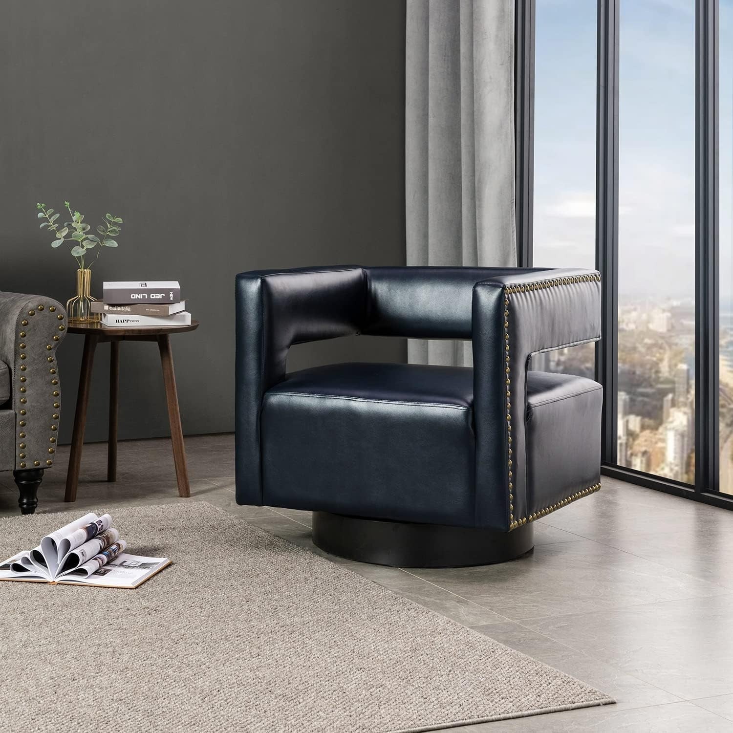 Swivel Accent Barrel Chair, Modern Faux Leather Swivel Accent Barrel Chair with 3D Open Back & Metal Base, 360 Degree Swivel Faux Leather Club Chair for Customer Reception, Living Room, Navy