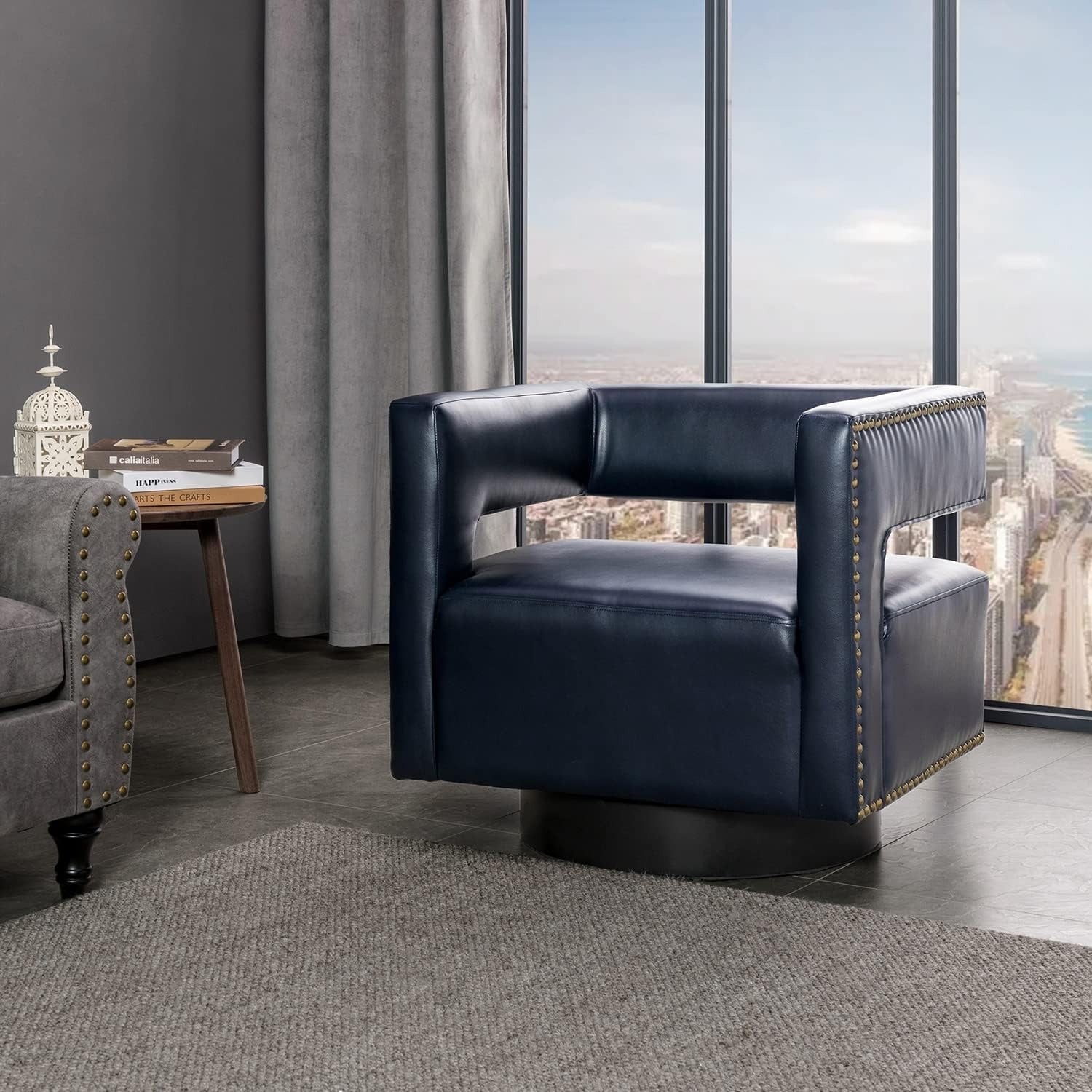 Swivel Accent Barrel Chair, Modern Faux Leather Swivel Accent Barrel Chair with 3D Open Back & Metal Base, 360 Degree Swivel Faux Leather Club Chair for Customer Reception, Living Room, Navy