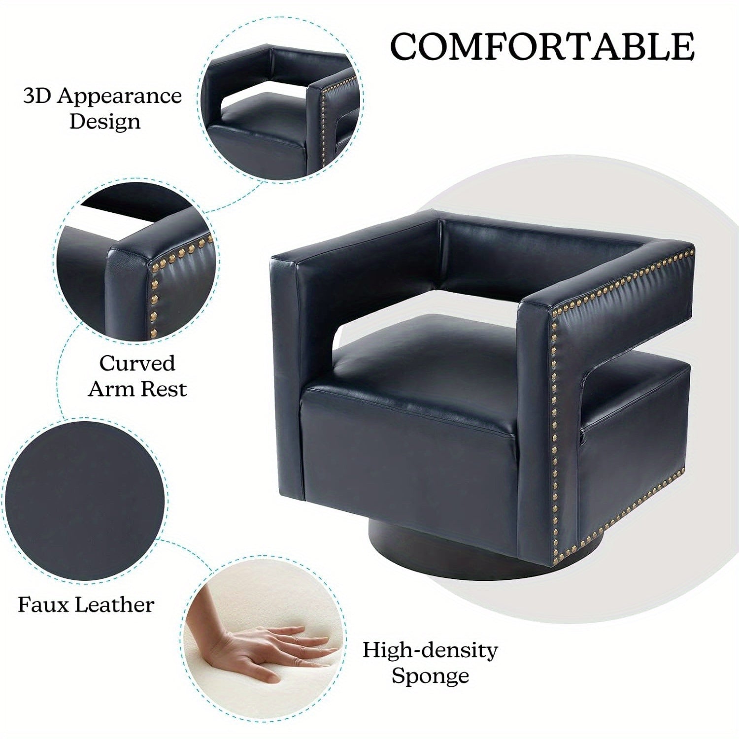 Swivel Accent Barrel Chair, Modern Faux Leather Swivel Accent Barrel Chair with 3D Open Back & Metal Base, 360 Degree Swivel Faux Leather Club Chair for Customer Reception, Living Room, Navy