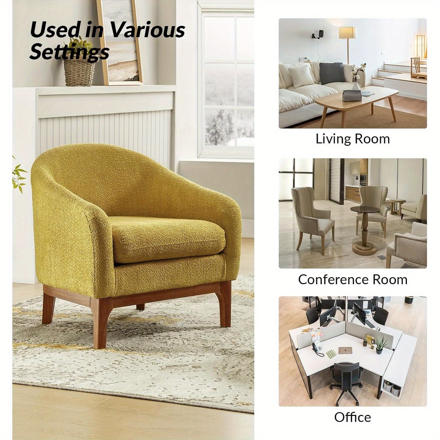 Accent Chair with Arms, Comfy Single Sofa Armchair Living Room Chair with Solid Wood Legs, Upholstered Reading Chair for Living Room & Bedroom, Yellow