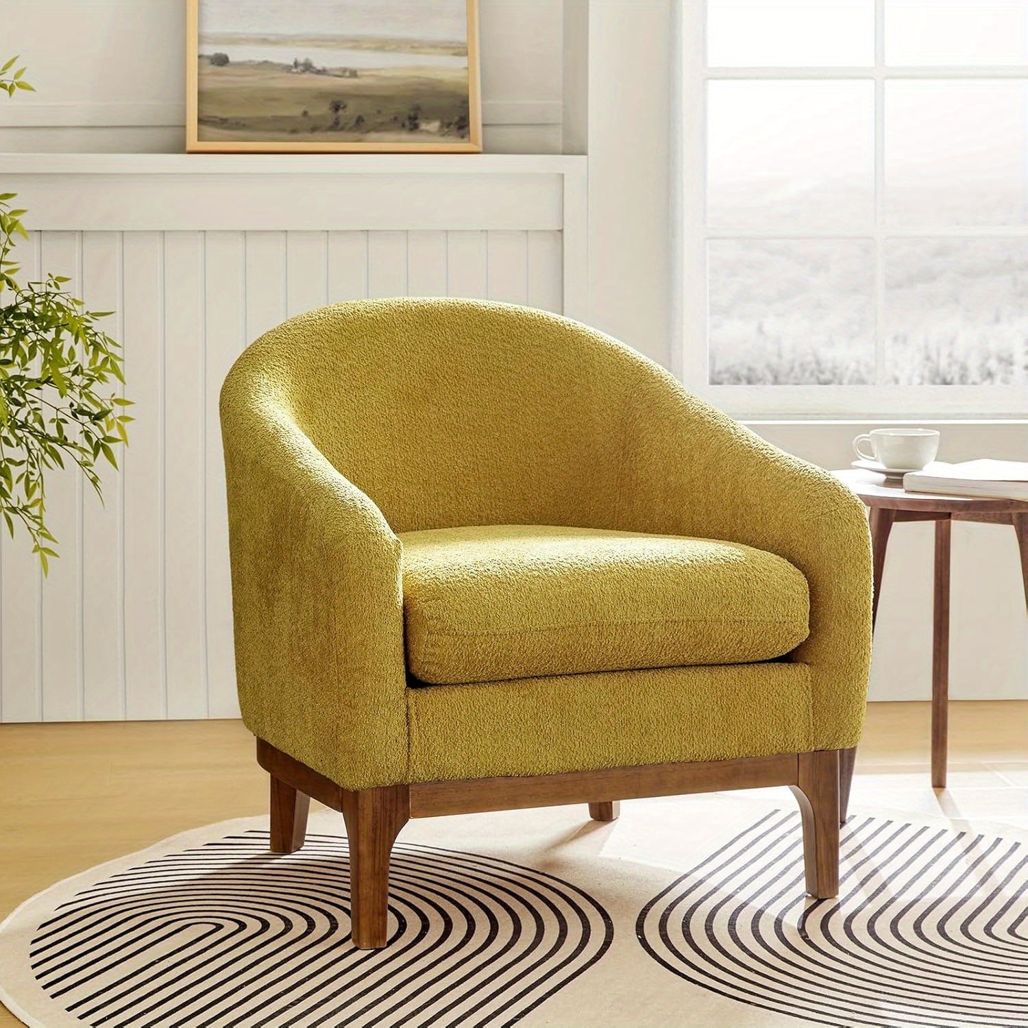 Accent Chair with Arms, Comfy Single Sofa Armchair Living Room Chair with Solid Wood Legs, Upholstered Reading Chair for Living Room & Bedroom, Yellow