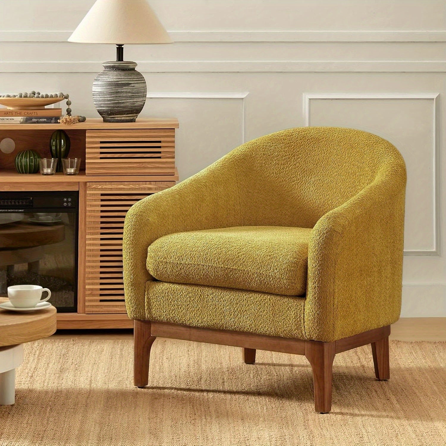 Accent Chair with Arms, Comfy Single Sofa Armchair Living Room Chair with Solid Wood Legs, Upholstered Reading Chair for Living Room & Bedroom, Yellow