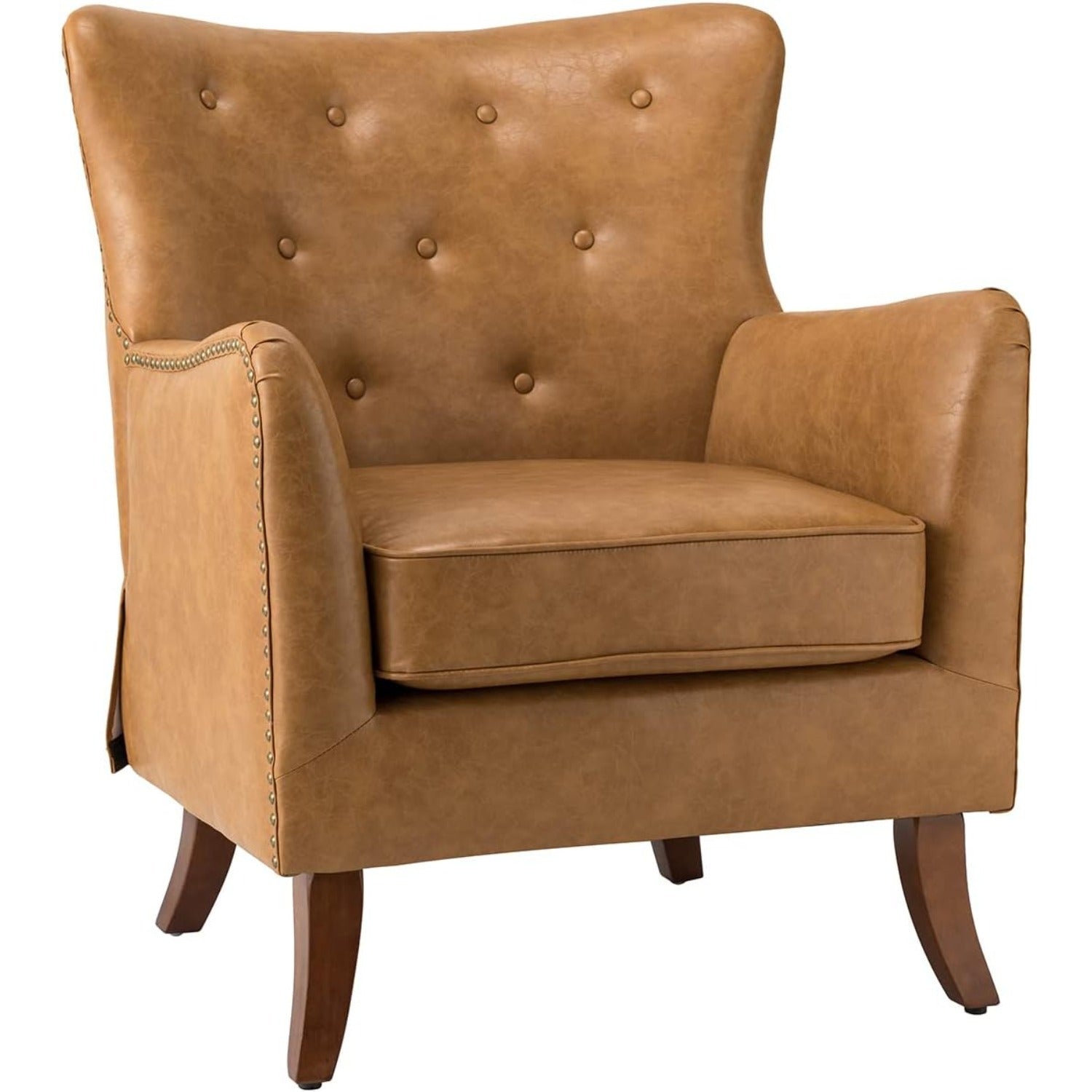 Faux Leather Wingback Accent Chair with Padded Seat, Comfy Upholstered Armchair with Button-Tufted Back and Solid Wood Legs for Living Room/ Bedroom/ Reading Room, Camel