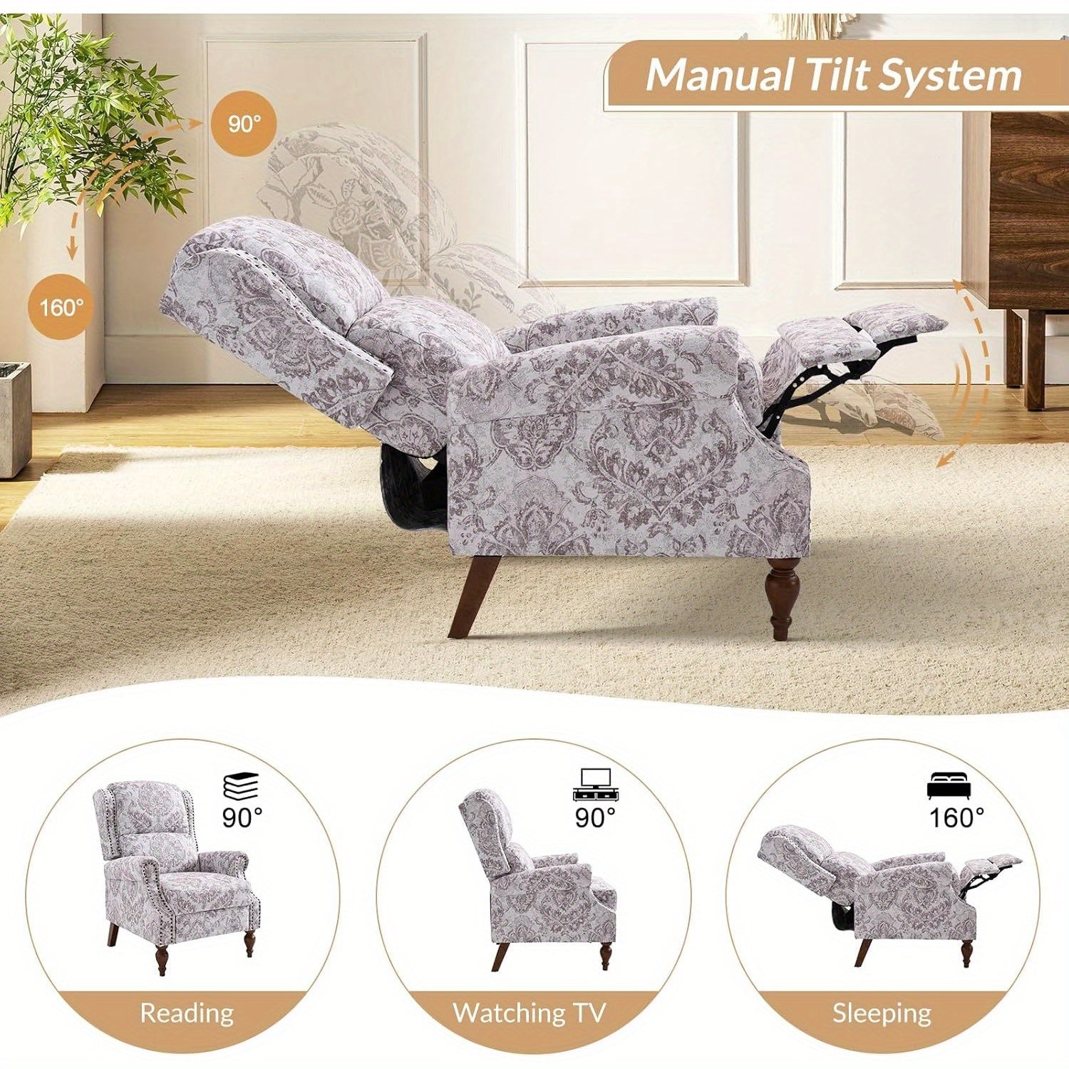 Modern Recliner Chair Printed Fabric for Living Room, Adjustable Push Back Arm Chair with Lumbar Support, Home Theater Seating w/ Rivet Decoration, Reclining Sofa Chair, Beige