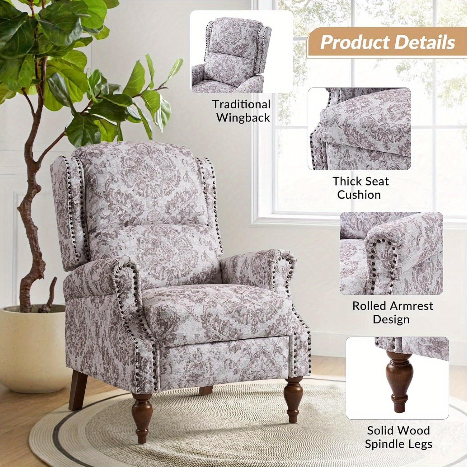 Modern Recliner Chair Printed Fabric for Living Room, Adjustable Push Back Arm Chair with Lumbar Support, Home Theater Seating w/ Rivet Decoration, Reclining Sofa Chair, Beige