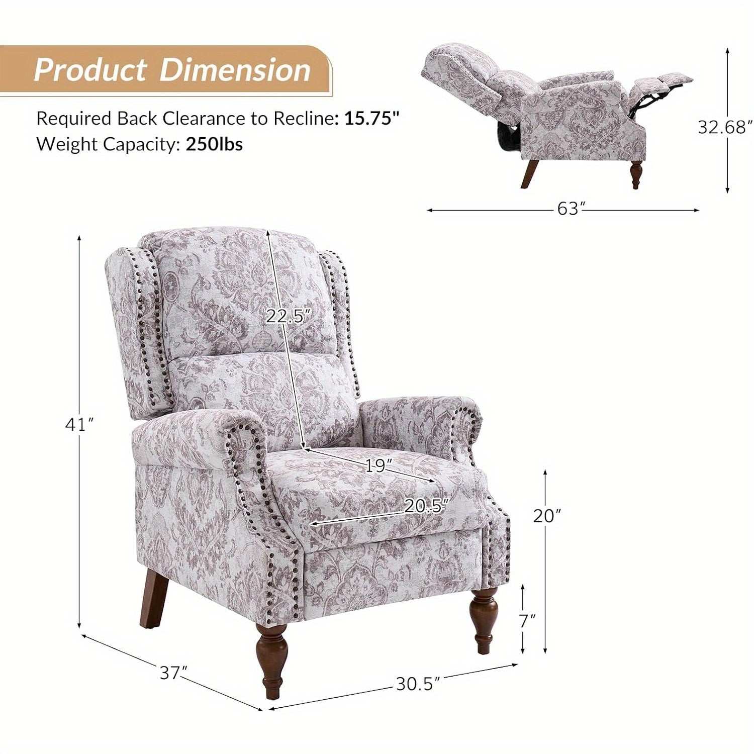 Modern Recliner Chair Printed Fabric for Living Room, Adjustable Push Back Arm Chair with Lumbar Support, Home Theater Seating w/ Rivet Decoration, Reclining Sofa Chair, Beige