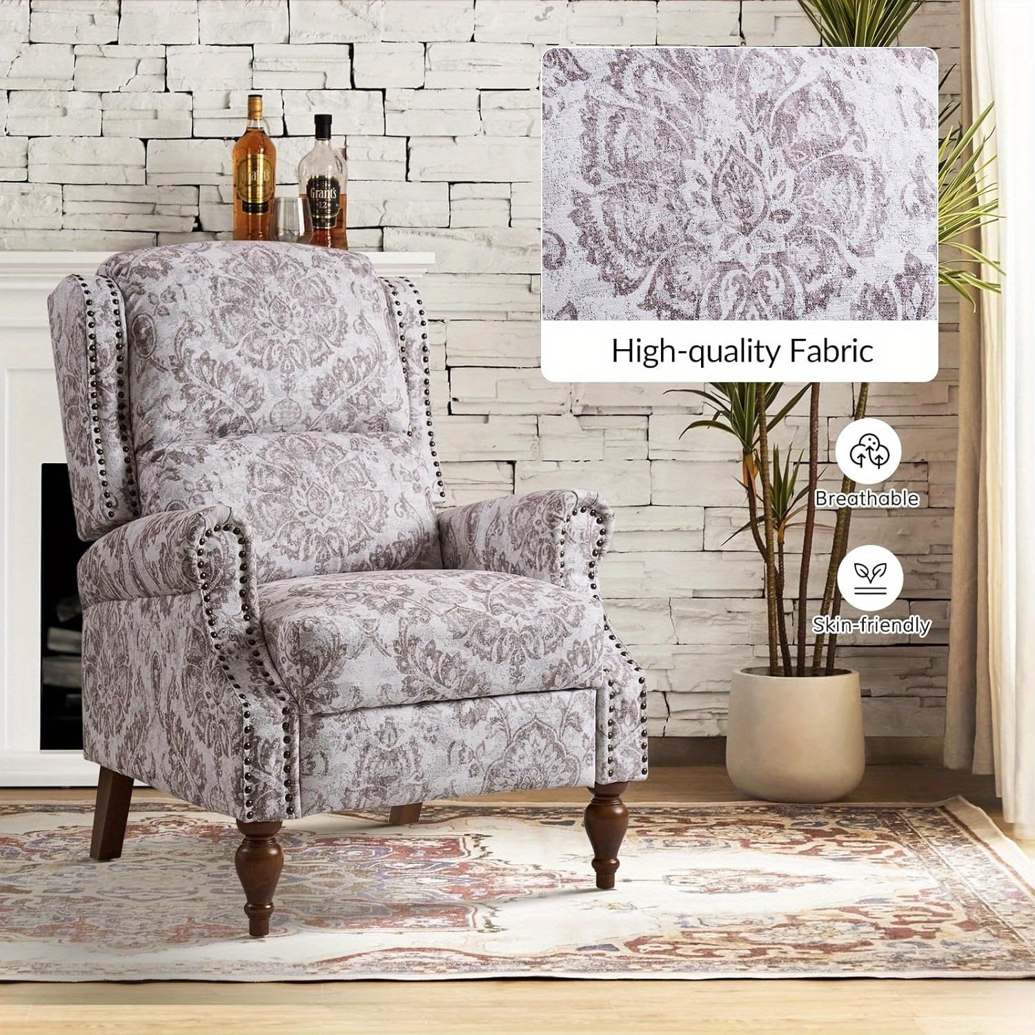 Modern Recliner Chair Printed Fabric for Living Room, Adjustable Push Back Arm Chair with Lumbar Support, Home Theater Seating w/ Rivet Decoration, Reclining Sofa Chair, Beige