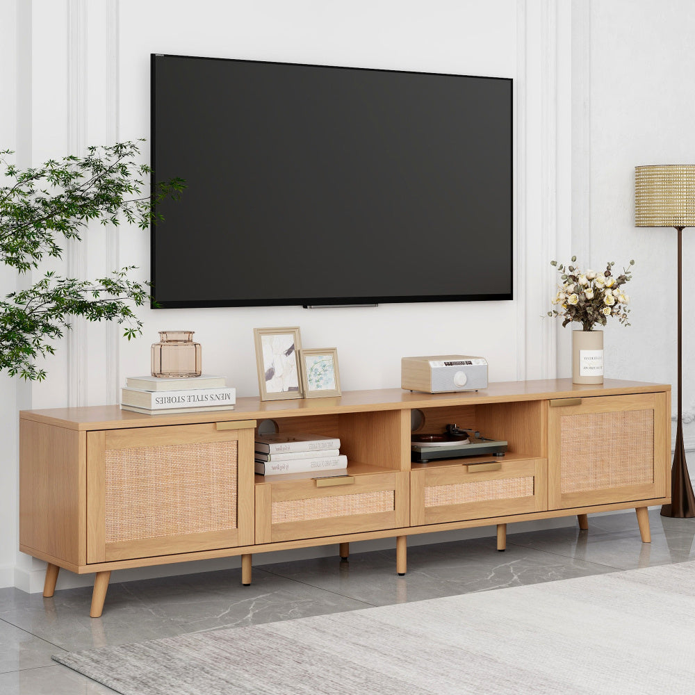 Spacious Modern Farmhouse Rattan TV Stand for TVs up to 85'', with Solid Wood Legs & Textured Wicker Design - Stylish Entertainment Center with Ample Storage, Cable Management, and Durable MDF Construction for Living Room or