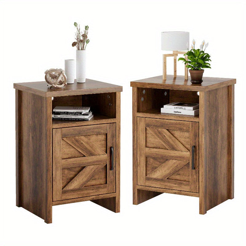 Farmhouse Nightstand, Modern Bedside Table Set of 2 with Barn Door and Shelf, Rustic End Table Side Table for Bedroom, Living Room