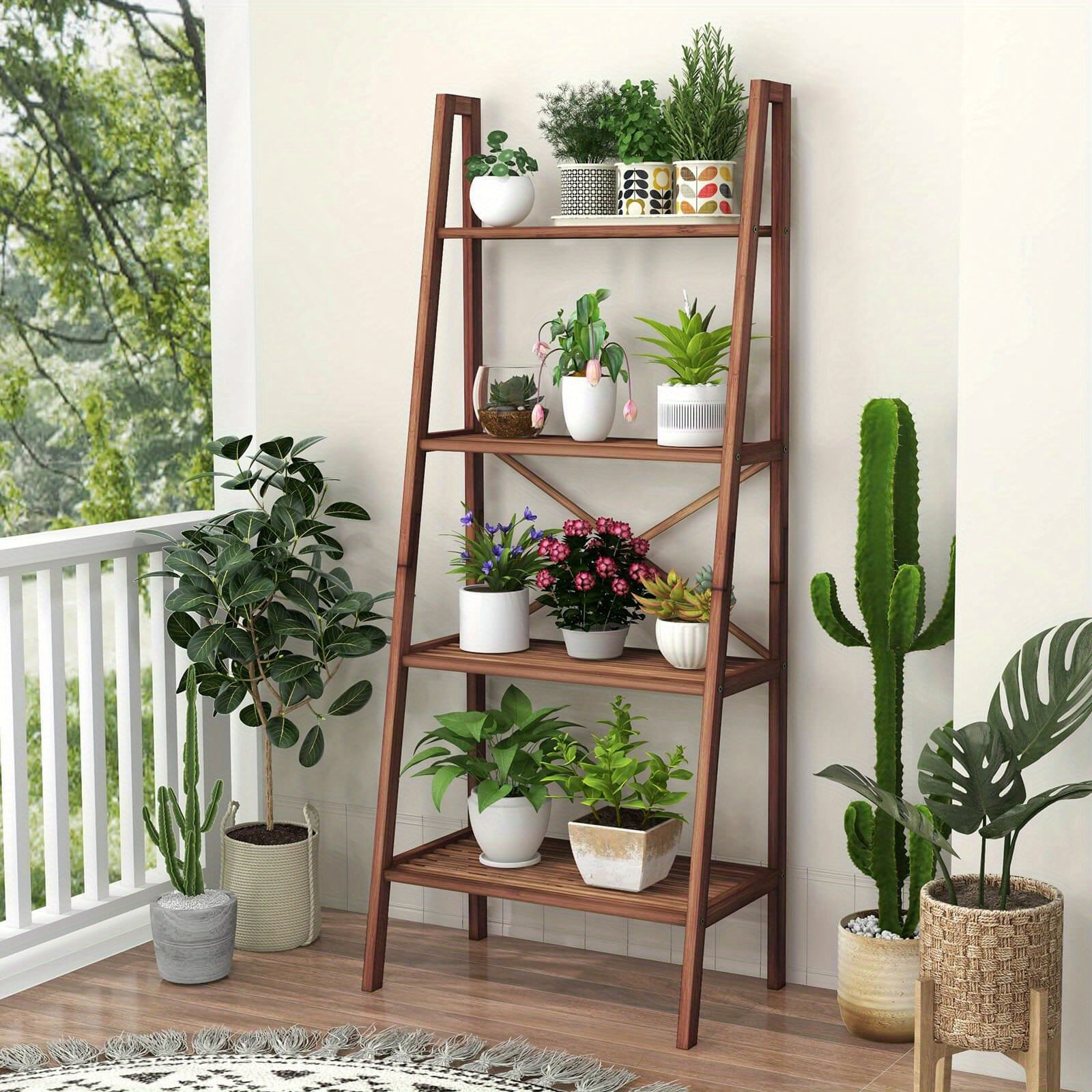 4-Tier Bamboo Ladder Bookshelf 58" Display Shelf Storage Rack Plant Flower Stand