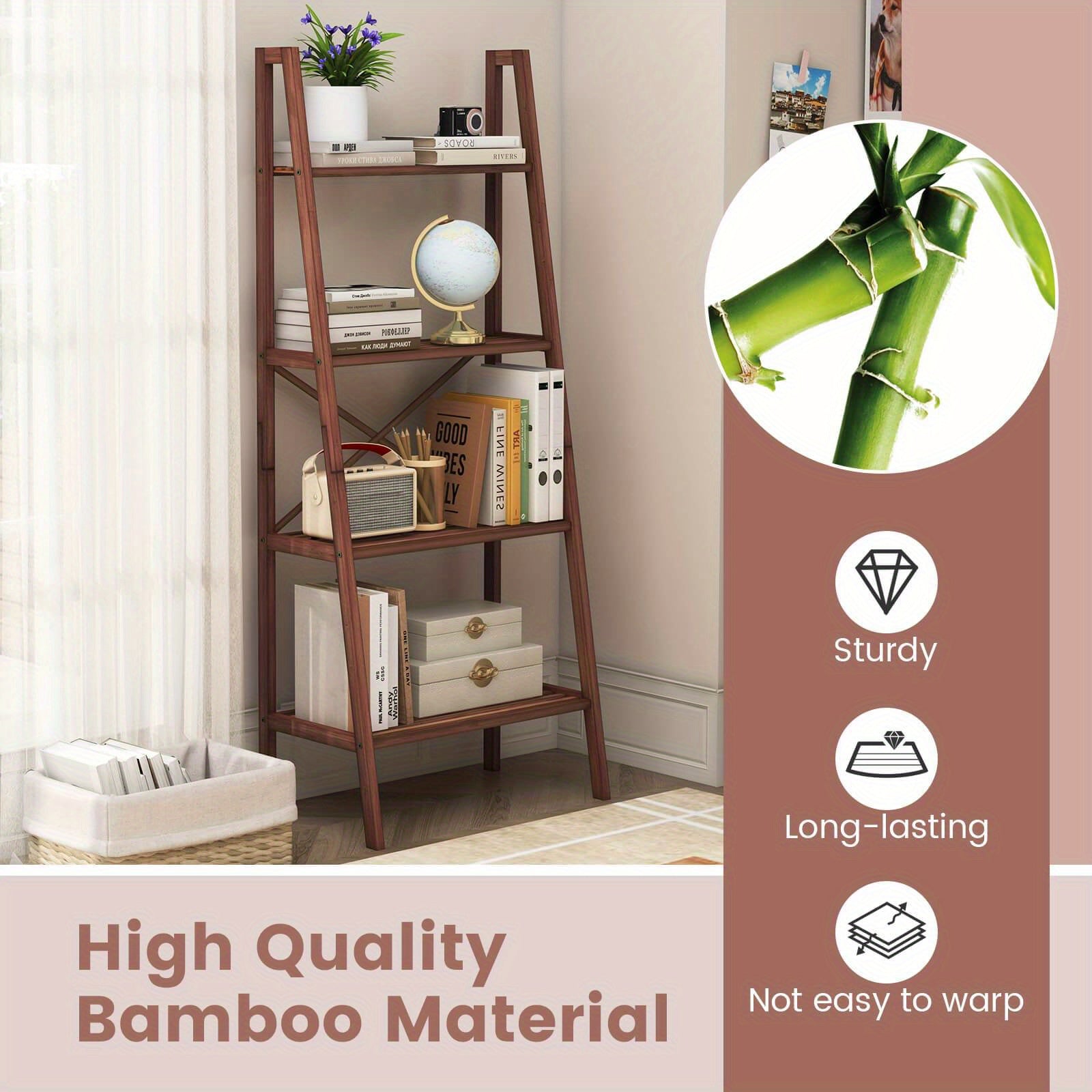 4-Tier Bamboo Ladder Bookshelf 58" Display Shelf Storage Rack Plant Flower Stand