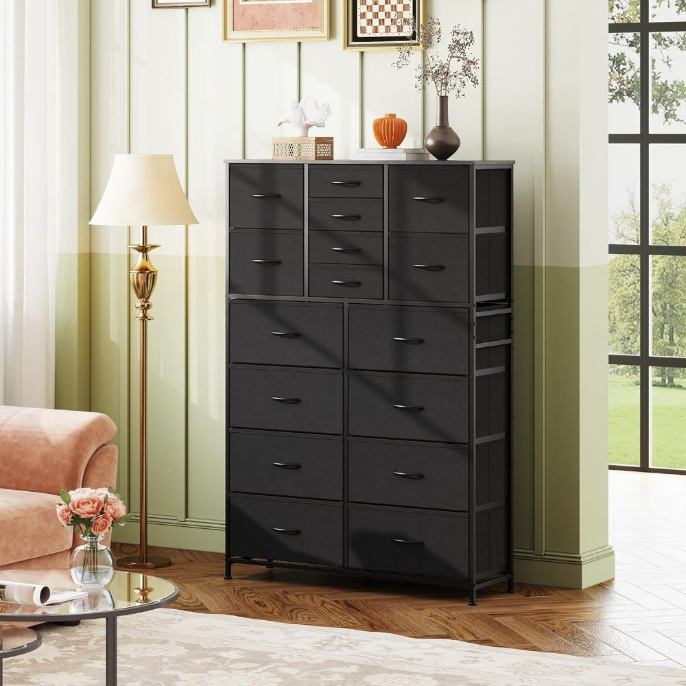 Tall Dresser for Bedroom, Fabric Dresser Storage Tower with 16 Drawers, Chest of Drawers Organizer Unit, Storage Cabinet, Hallway, Closets, Steel Frame, Rustic Brown Wood Grain Print