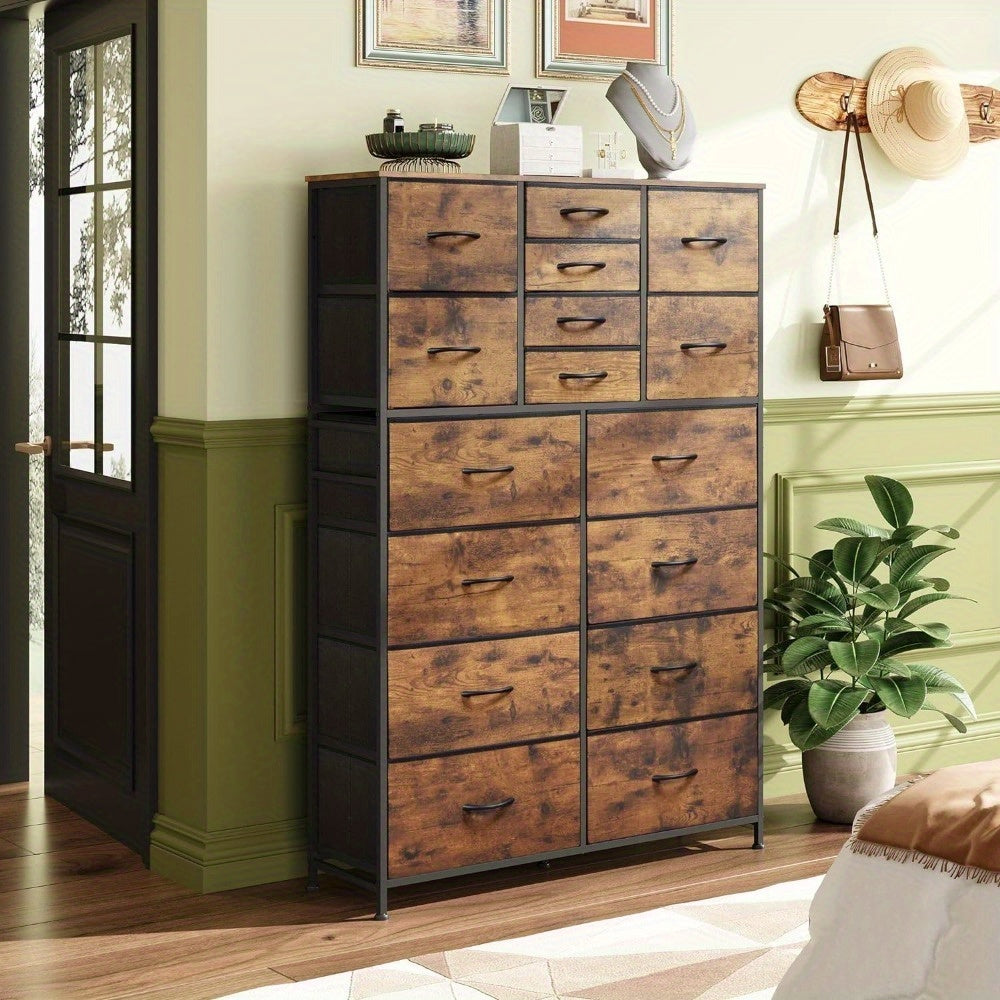 Tall Dresser for Bedroom, Fabric Dresser Storage Tower with 16 Drawers, Chest of Drawers Organizer Unit, Storage Cabinet, Hallway, Closets, Steel Frame, Rustic Brown Wood Grain Print