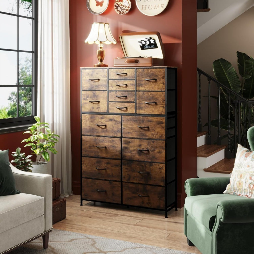 Tall Dresser for Bedroom, Fabric Dresser Storage Tower with 16 Drawers, Chest of Drawers Organizer Unit, Storage Cabinet, Hallway, Closets, Steel Frame, Rustic Brown Wood Grain Print