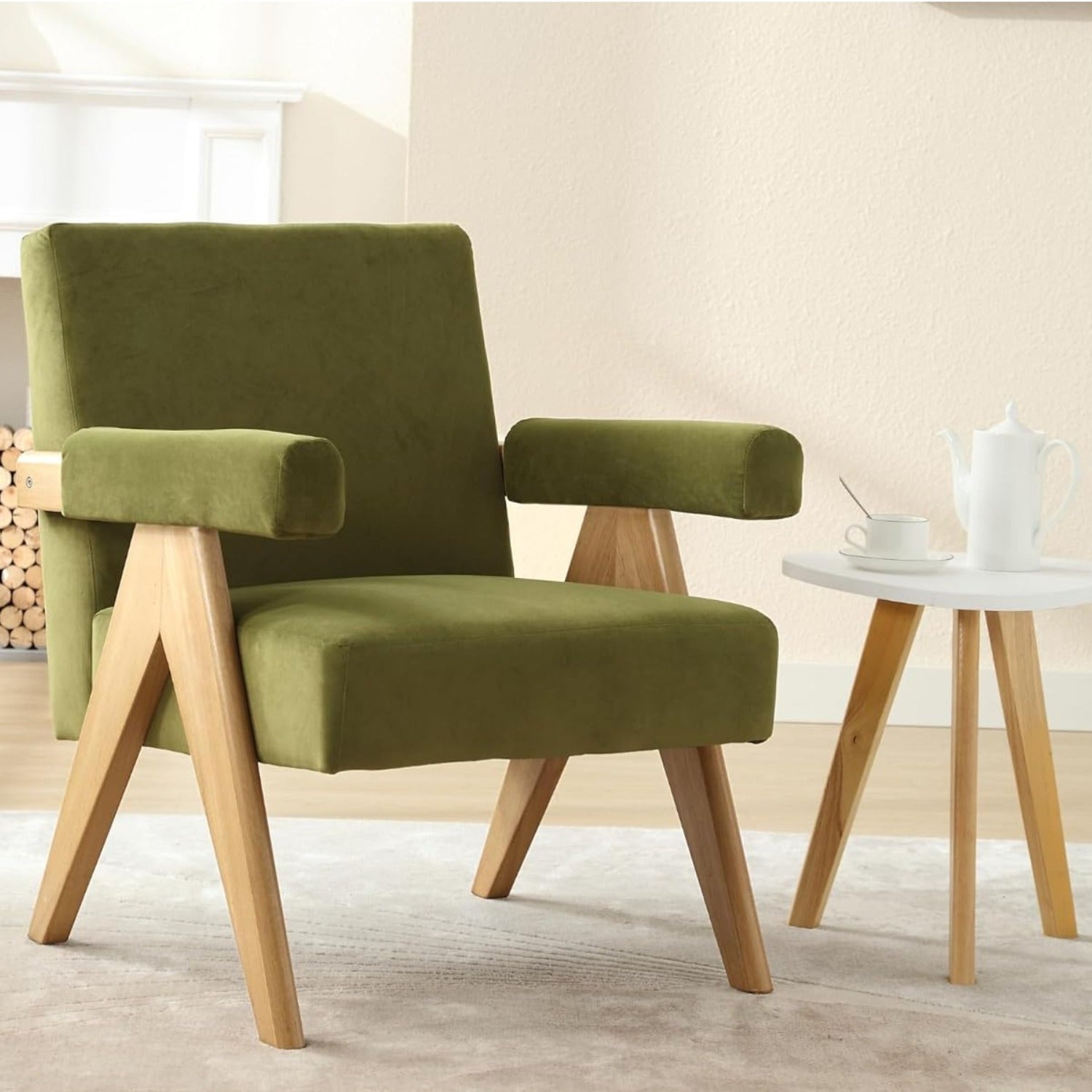 1pc Modern and Elegant Cushioned Emphasis Chair, with Inverted V-shaped Natural Wooden Legs, Velvet Linen Lamb Wool Cushioned Armchair, with Cushion Backrest, Suitable for Living Room and Bedroom